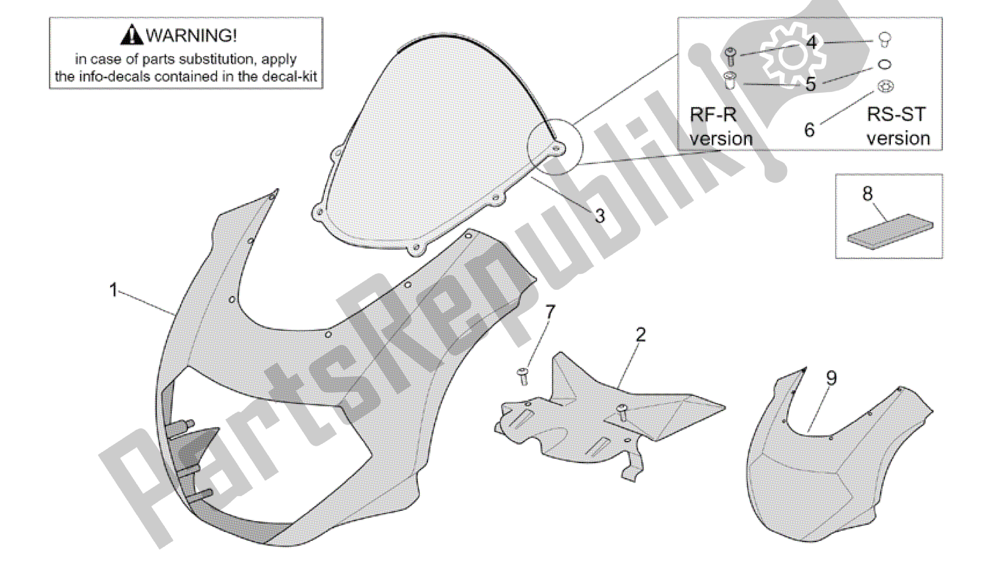 Alle onderdelen voor de Front Body - Voorkuip van de Aprilia RSV Tuono RS 1000 2004 - 2005