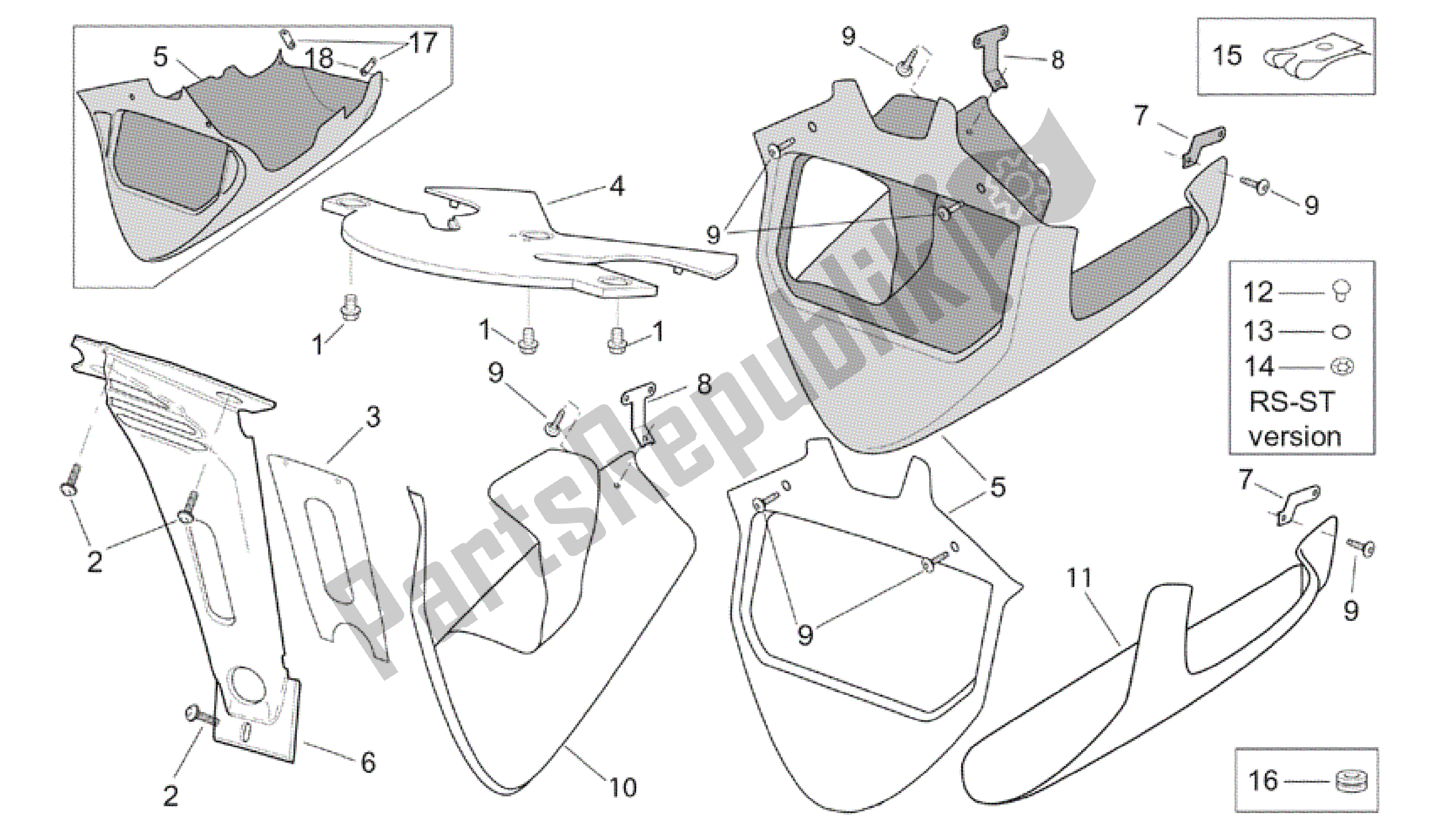 All parts for the Front Body - Lockups of the Aprilia RSV Tuono RS 1000 2004 - 2005