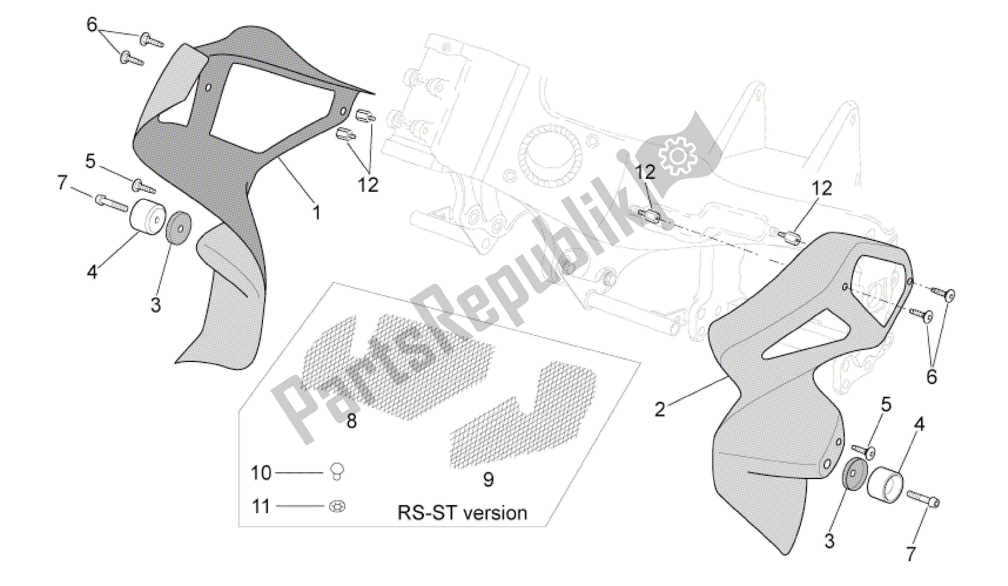 All parts for the Central Body - Upper Fairings of the Aprilia RSV Tuono RS 1000 2004 - 2005