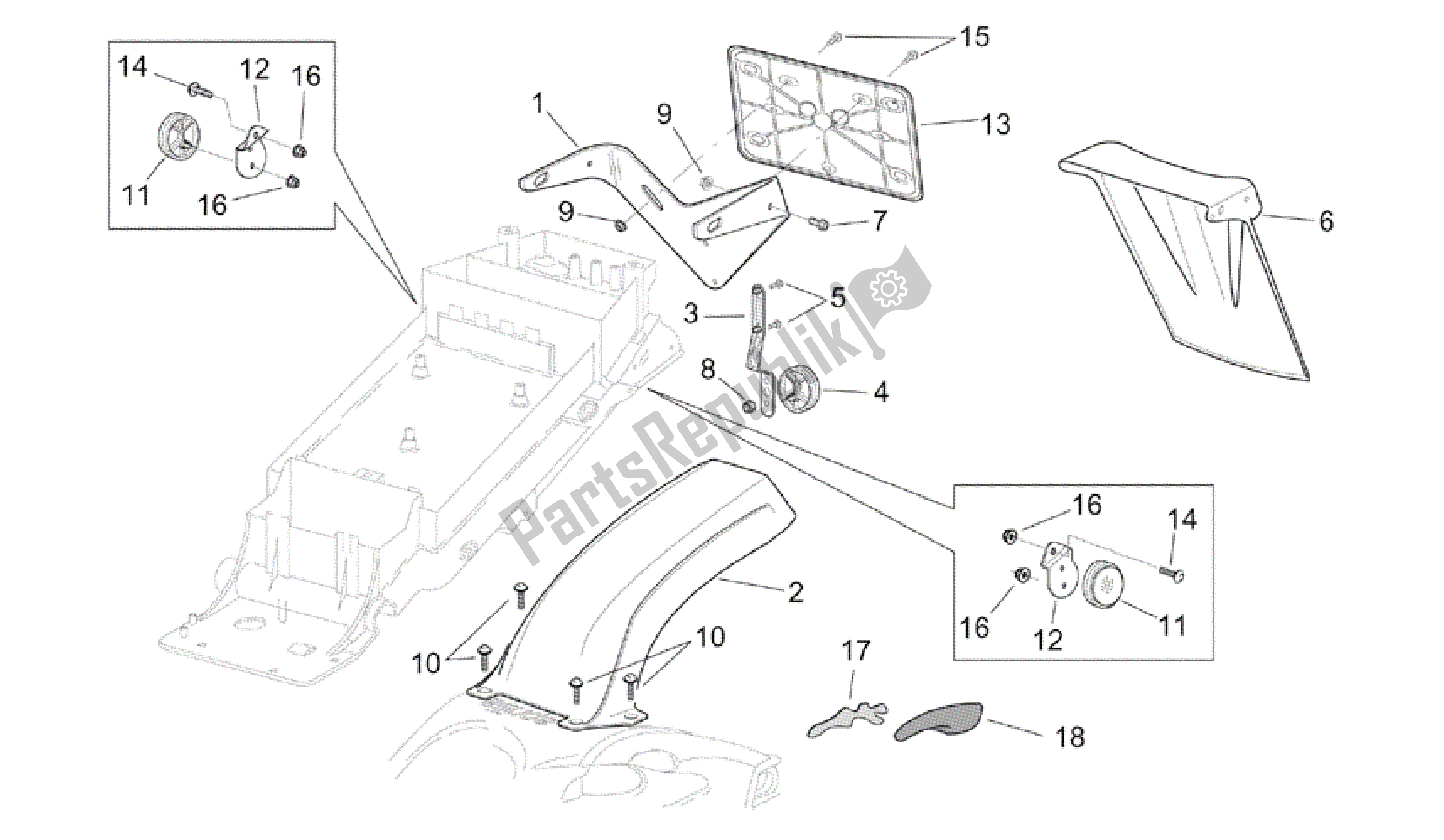 Alle onderdelen voor de Achterspatbord van de Aprilia RSV Tuono RS 1000 2004 - 2005