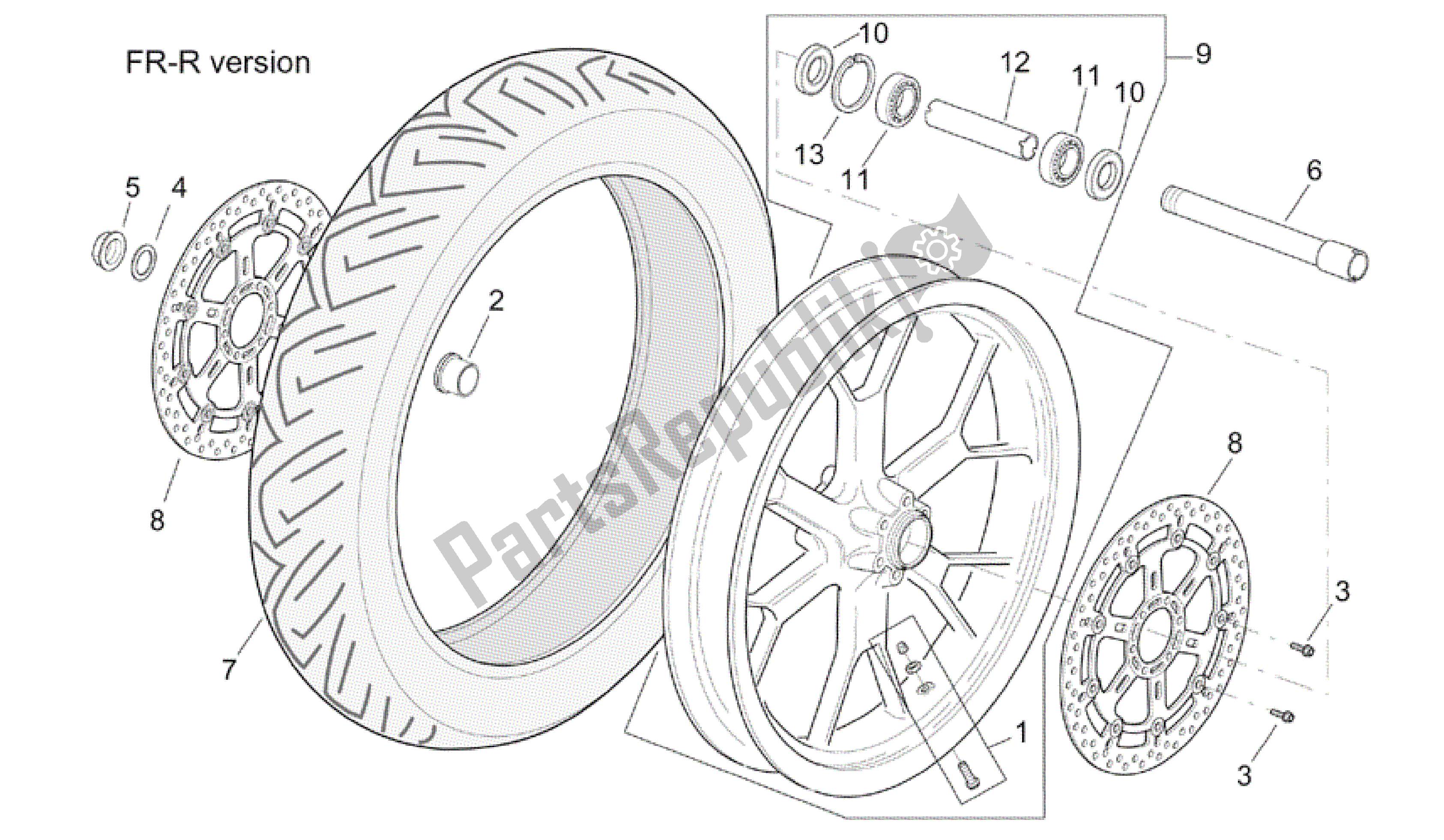 All parts for the R-rf Version Front Wheel of the Aprilia RSV Tuono RS 1000 2004 - 2005