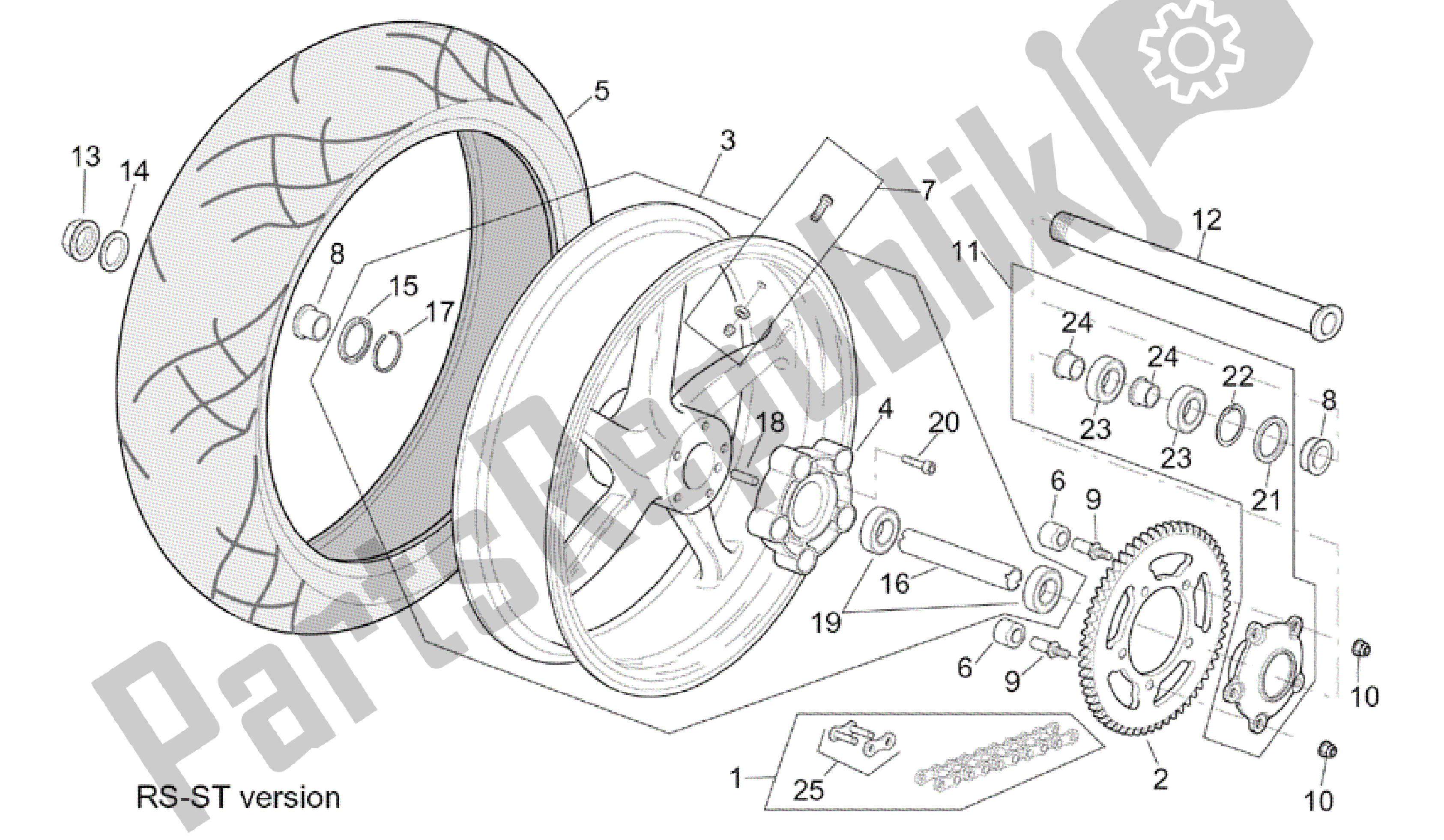 All parts for the St-rs Version Rear Wheel of the Aprilia RSV Tuono 3952 1000 2002 - 2003