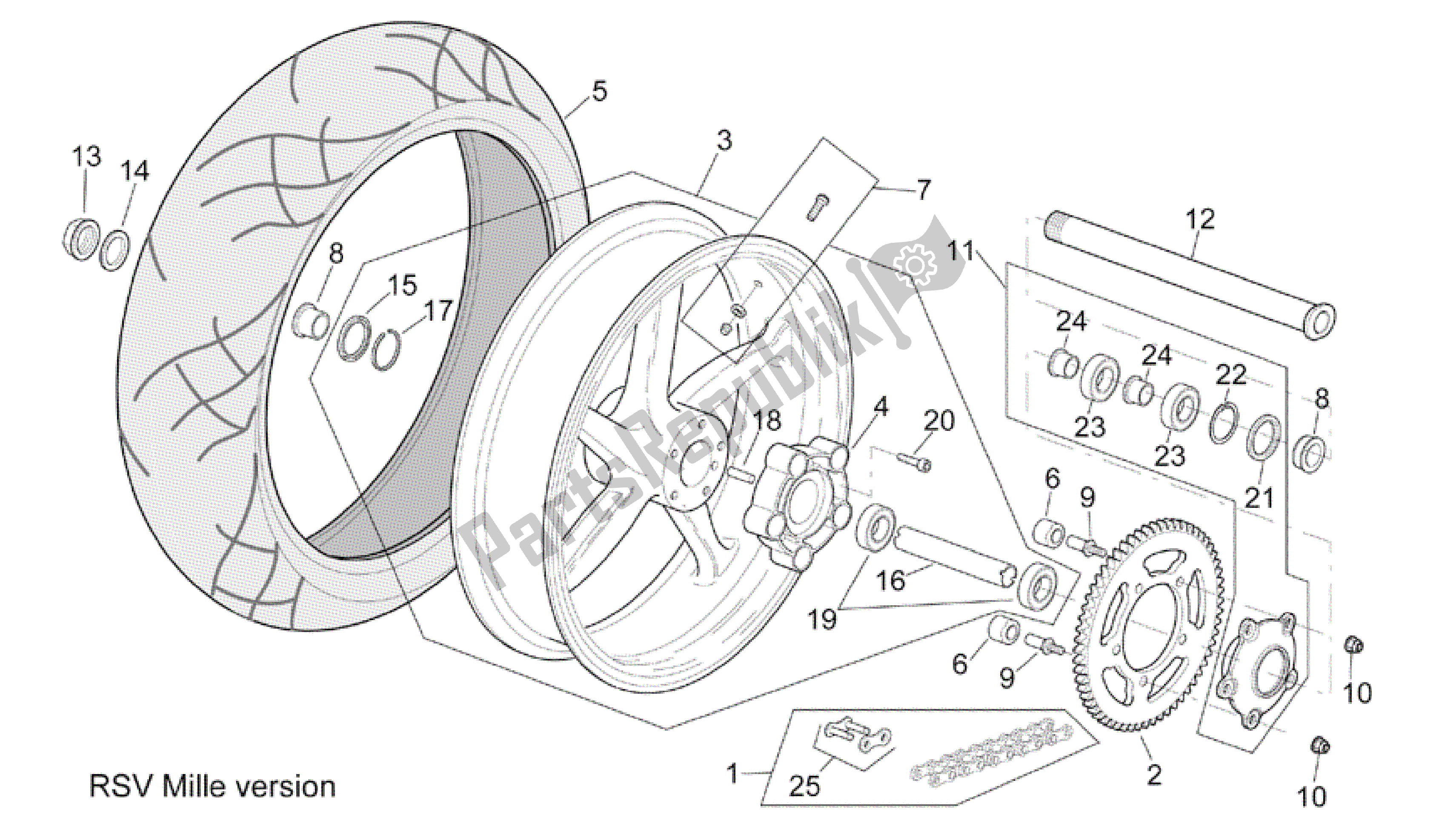 All parts for the Rear Wheel Rsv Mille Version of the Aprilia RSV Mille R 3963 1000 2003