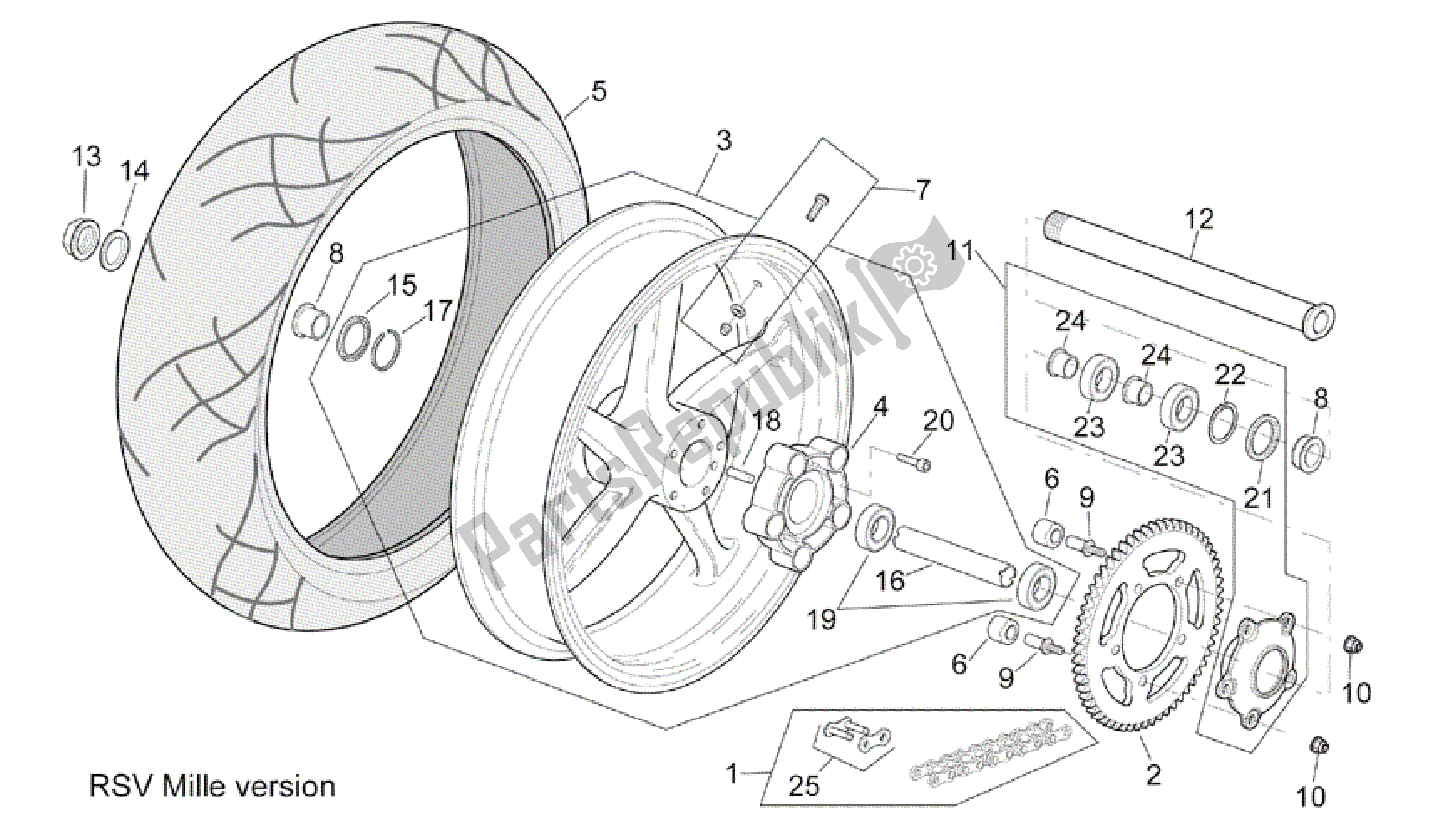 Tutte le parti per il Ruota Posteriore Rsv Versione Mille del Aprilia RSV Mille R 3963 1000 2003