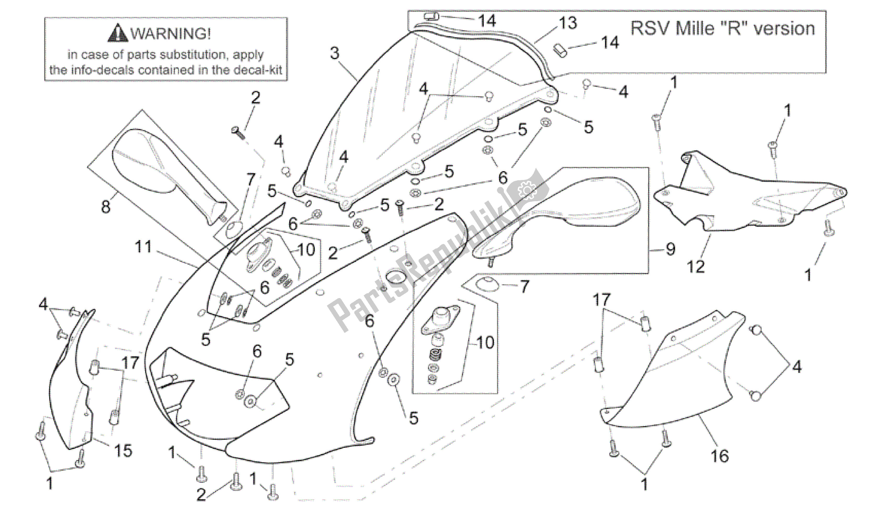 All parts for the Front Body - Front Fairing of the Aprilia RSV Mille R GP1 Limited Edition 3963 1000 2003