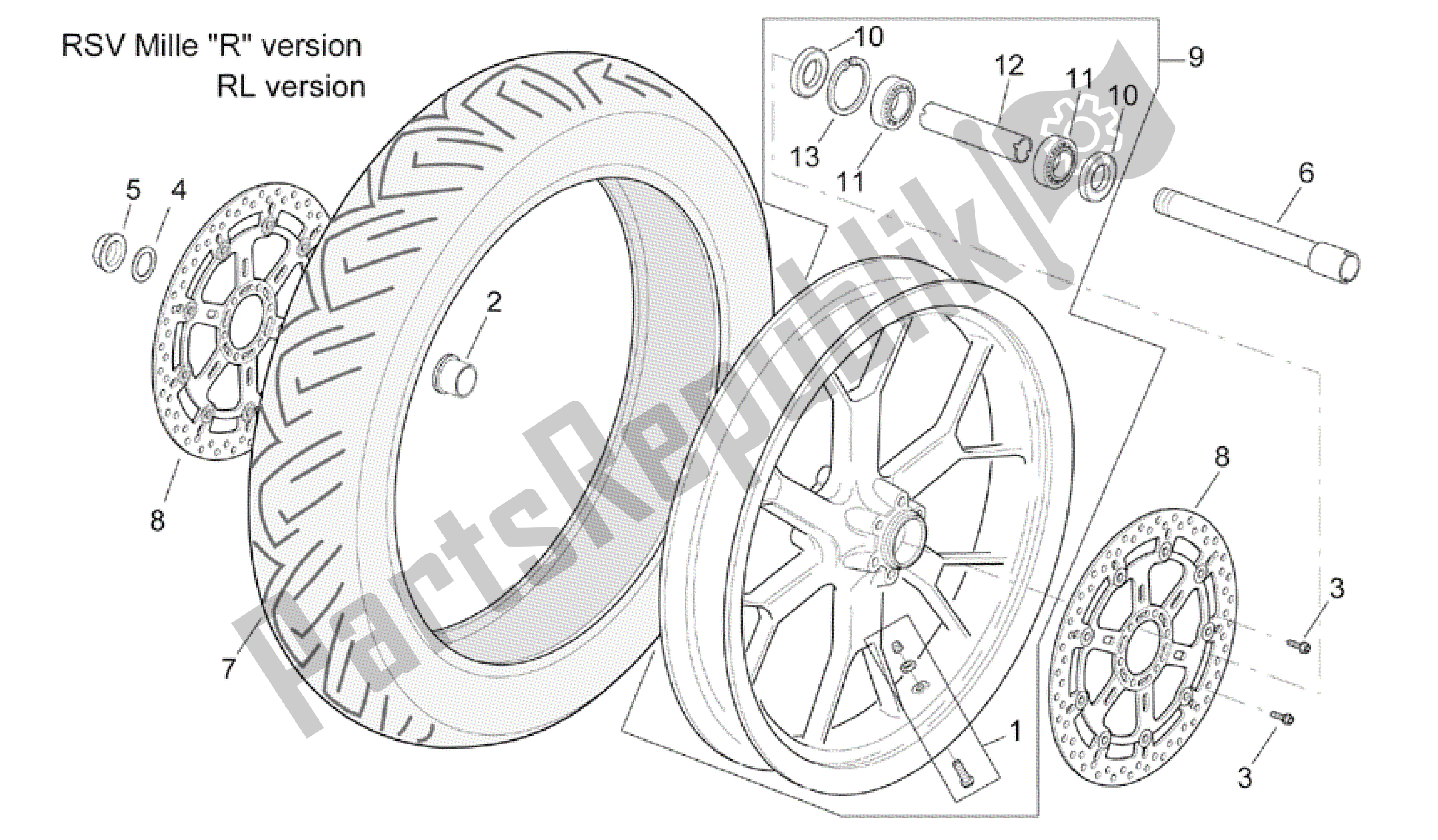 All parts for the Front Wheel Rsv Mille R Version of the Aprilia RSV Mille R GP1 Limited Edition 3963 1000 2003