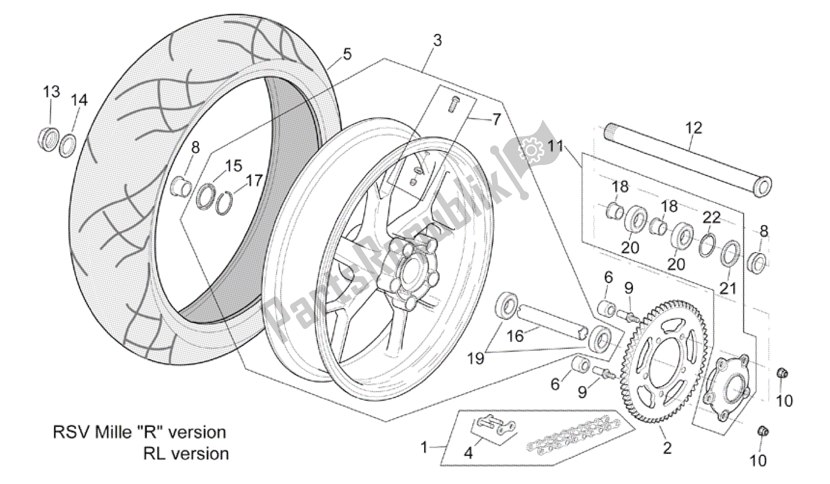 All parts for the Rear Wheel Rsv Mille R Version of the Aprilia RSV Mille 3963 1000 2003