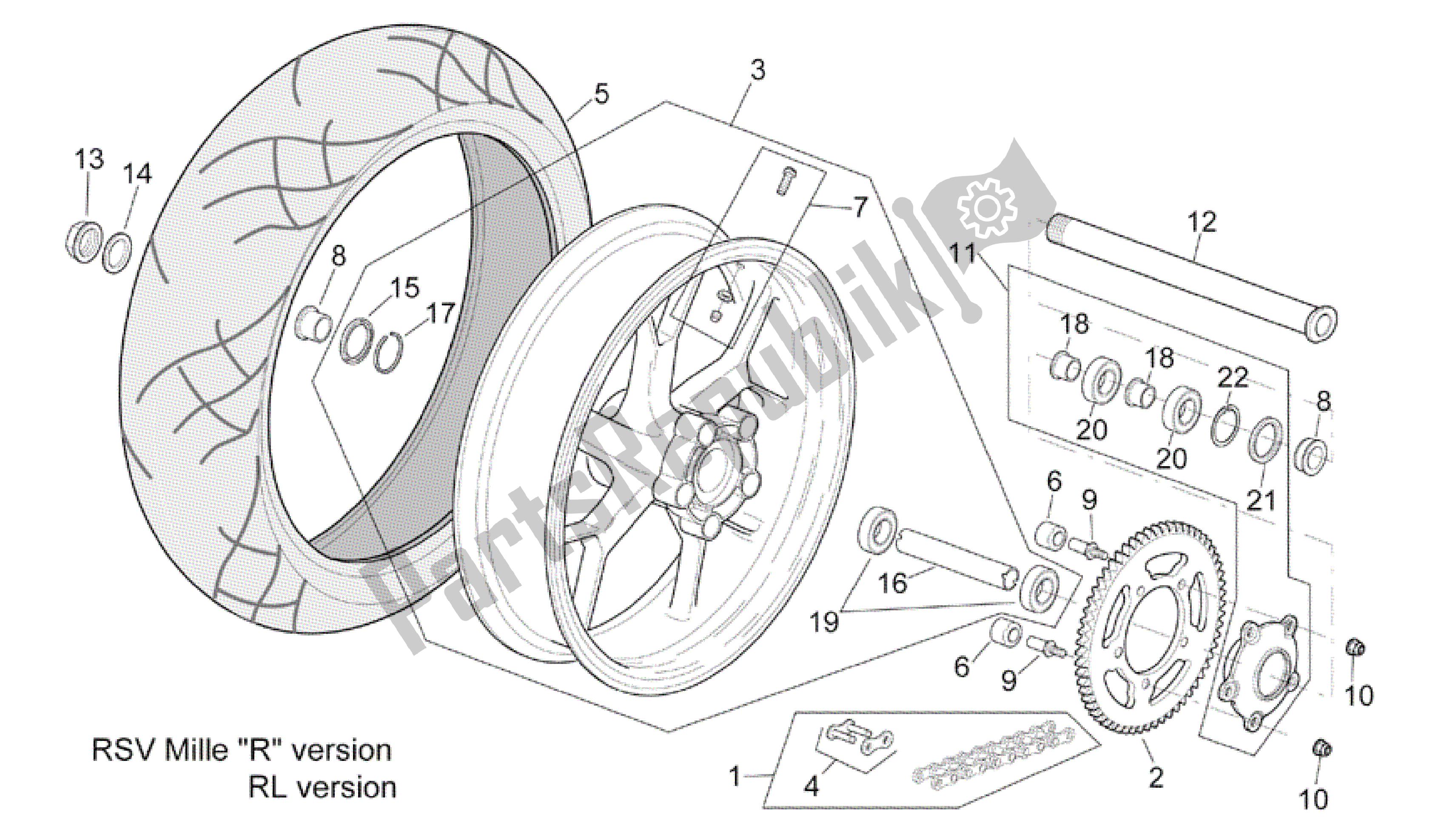 Tutte le parti per il Ruota Posteriore Rsv Versione Mille R del Aprilia RSV Mille 3963 1000 2003