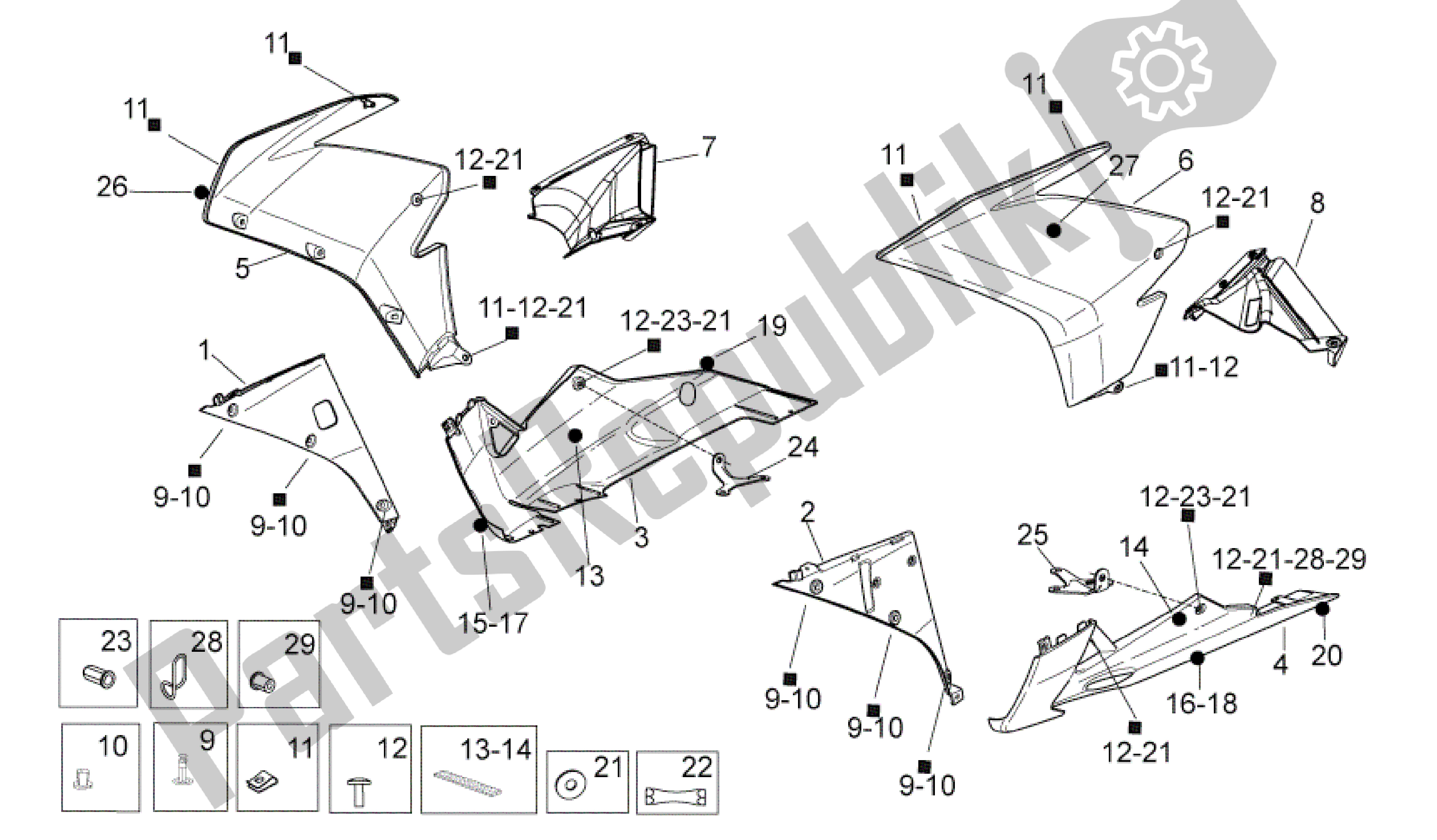 All parts for the Front Body Ii of the Aprilia RSV4 Factory SBK Racing 3979 1000 2009 - 2010