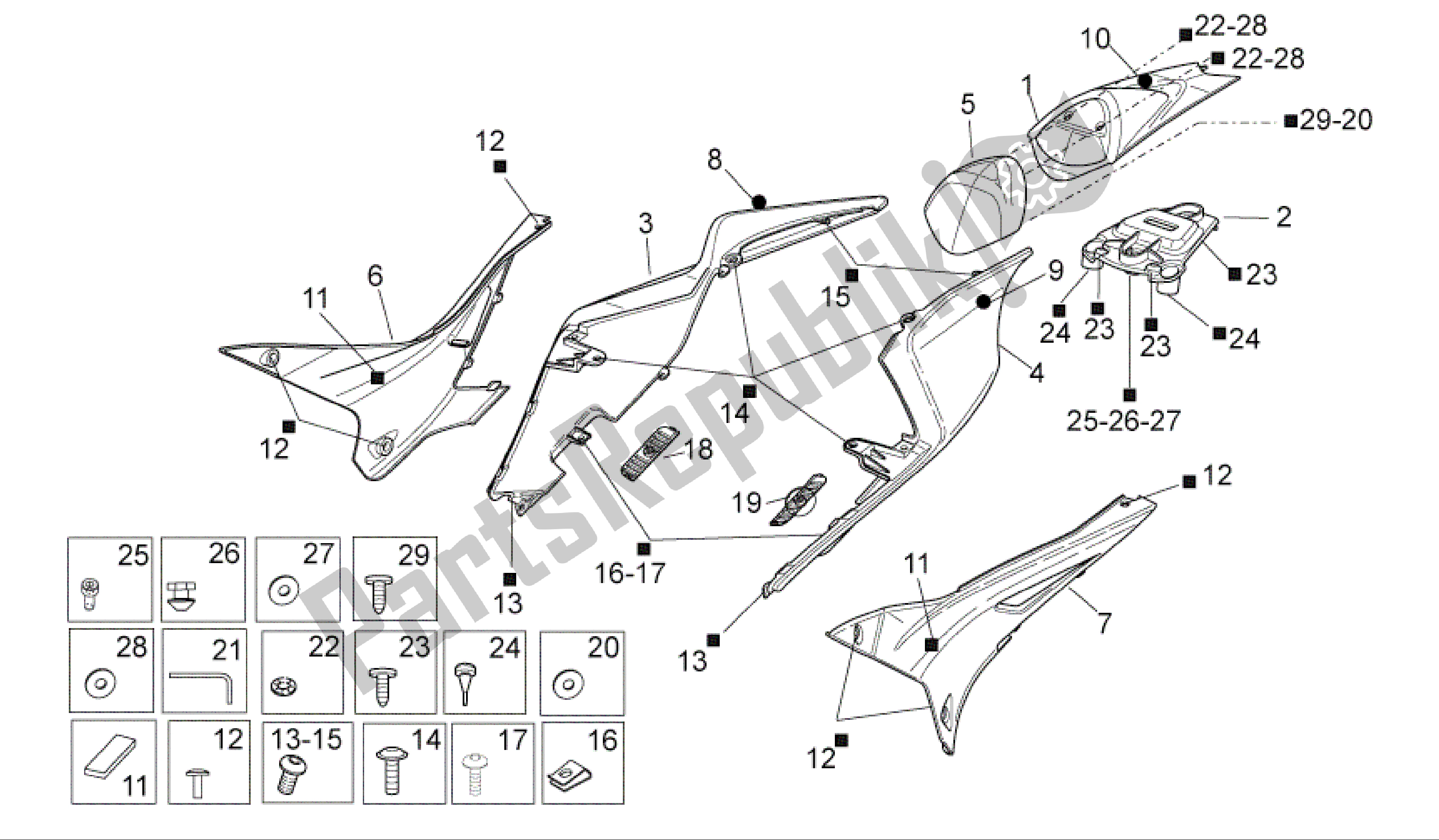 Alle onderdelen voor de Achterlichaam I van de Aprilia RSV4 R 3980 1000 2009 - 2010