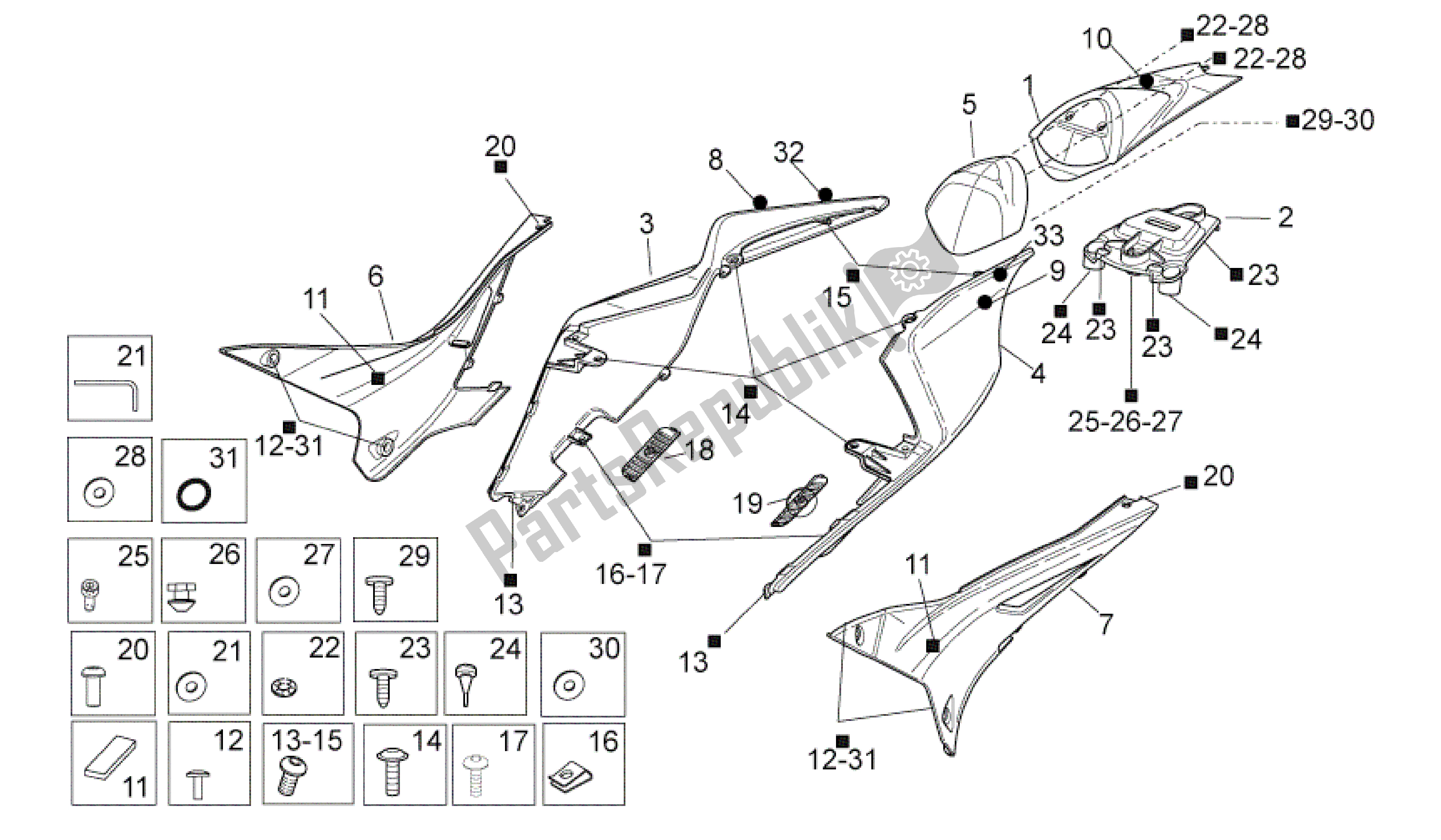 All parts for the Rear Body I of the Aprilia RSV4 Aprc Factory 3981 1000 2011 - 2012