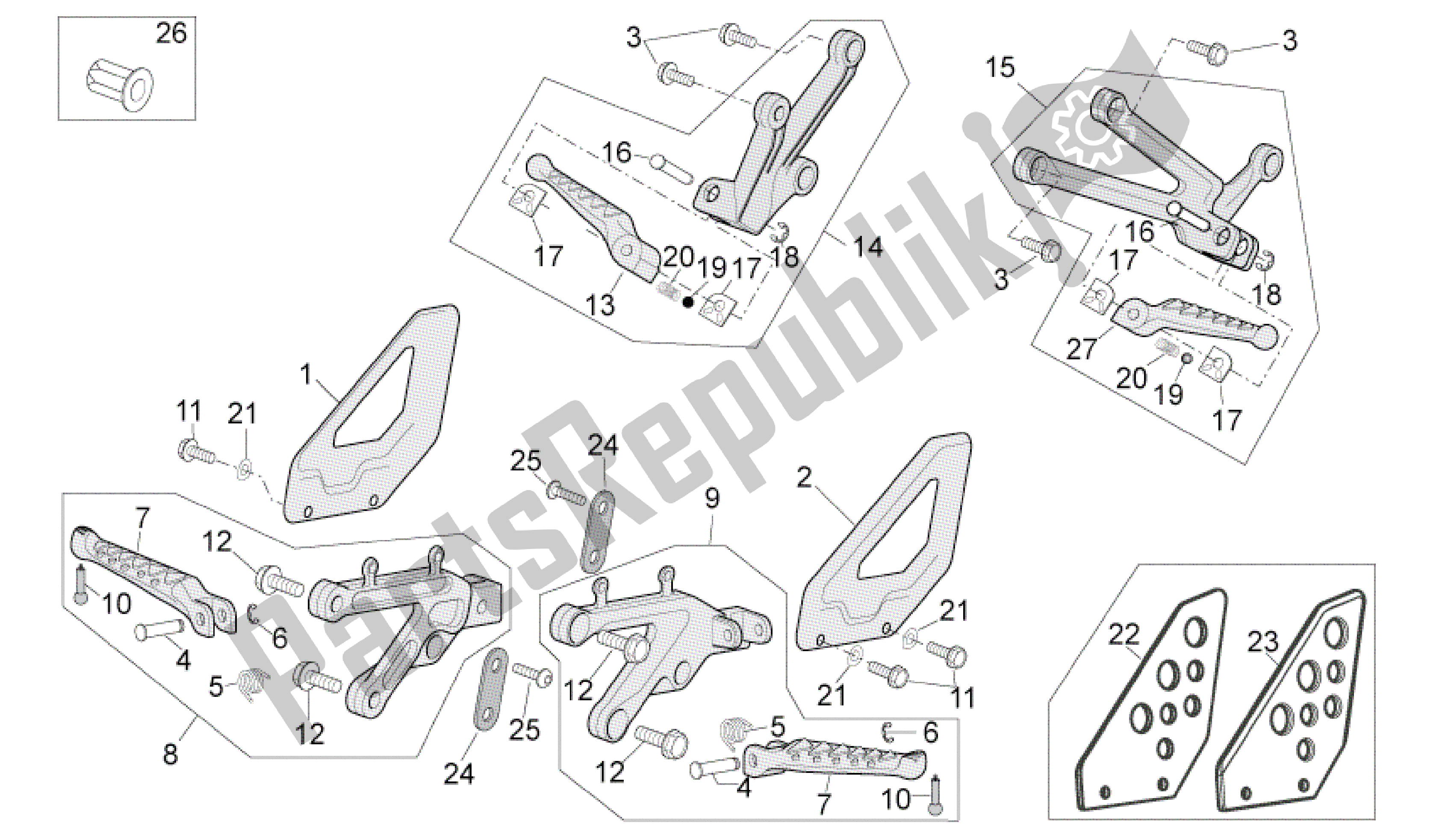 All parts for the Foot Rests of the Aprilia RSV Tuono Factory 3985 1000 2006 - 2009