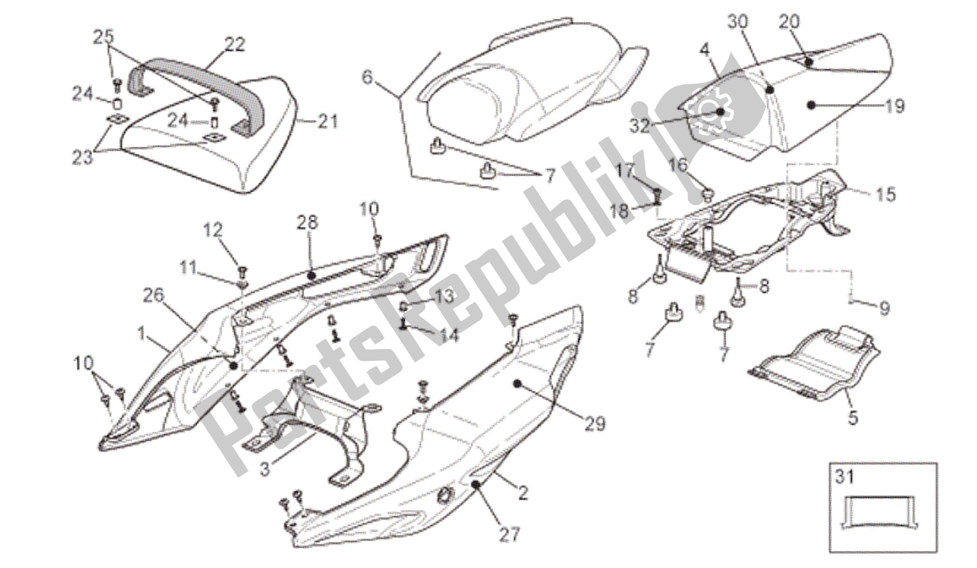 Todas as partes de Corpo Traseiro - Carenagem Traseira do Aprilia RSV Tuono Factory 3985 1000 2006 - 2009