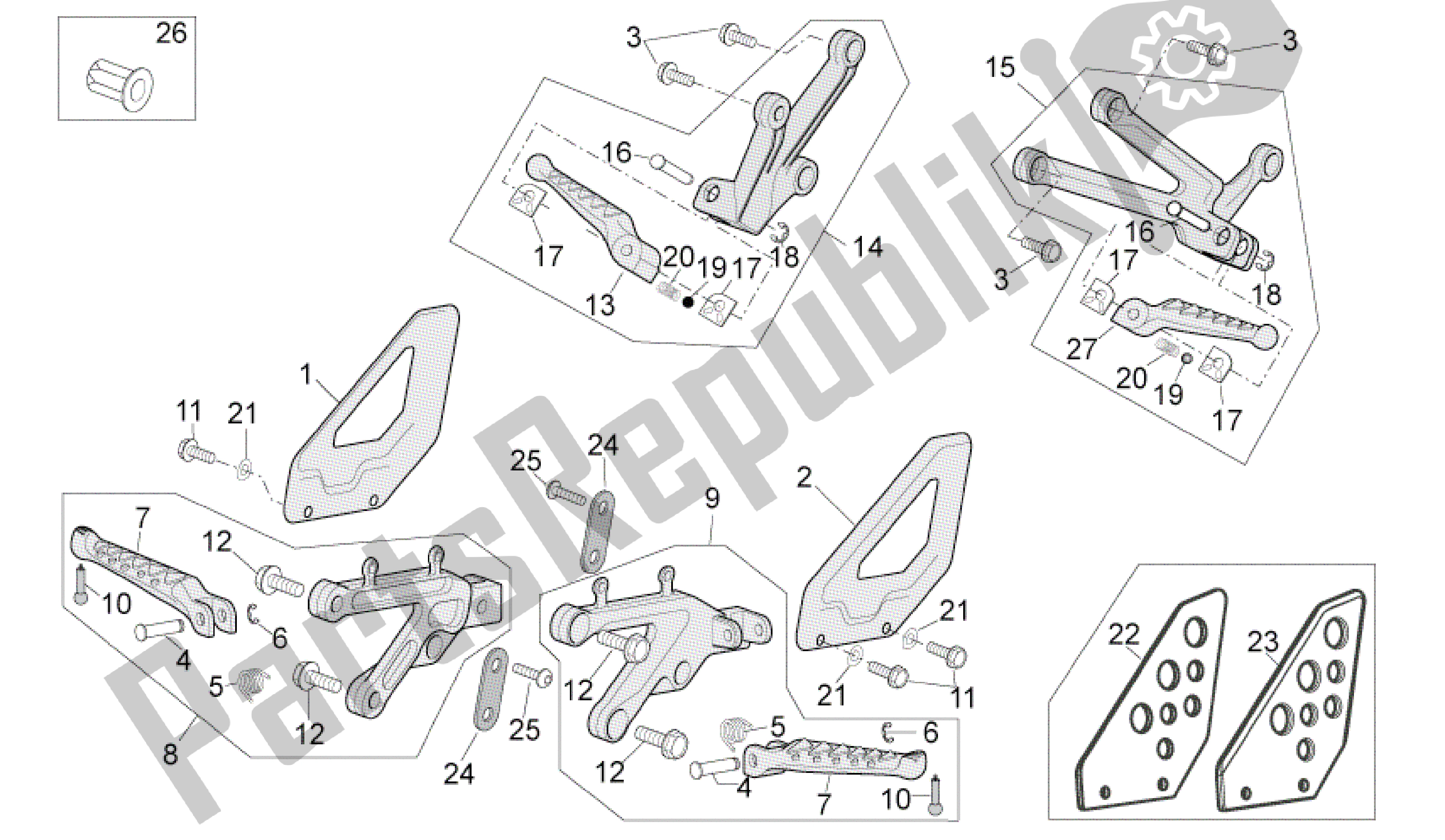 Alle onderdelen voor de Voetsteunen van de Aprilia RSV Tuono R 3985 1000 2006 - 2009