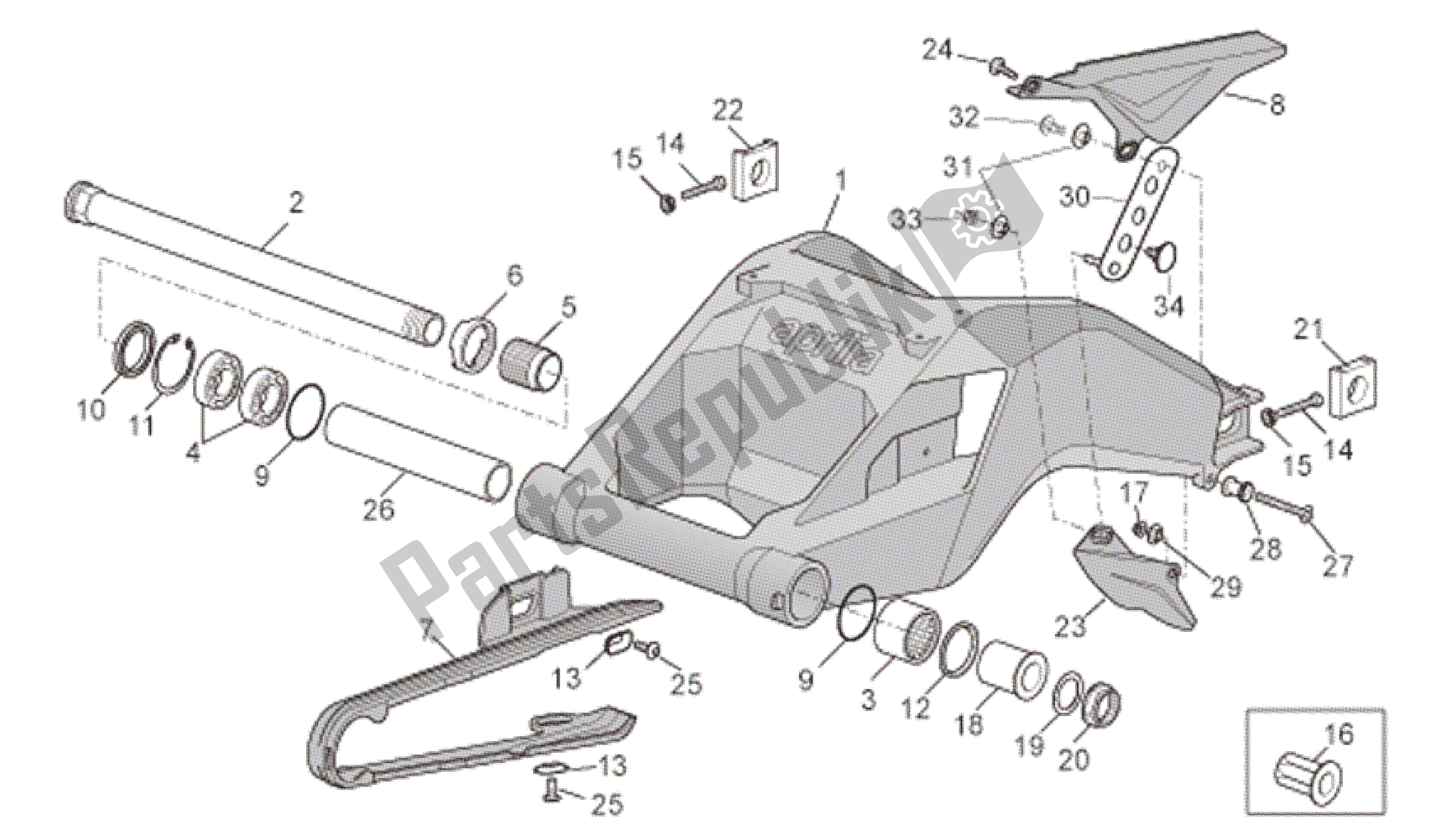 All parts for the Swing Arm of the Aprilia RSV Tuono R 3985 1000 2006 - 2009