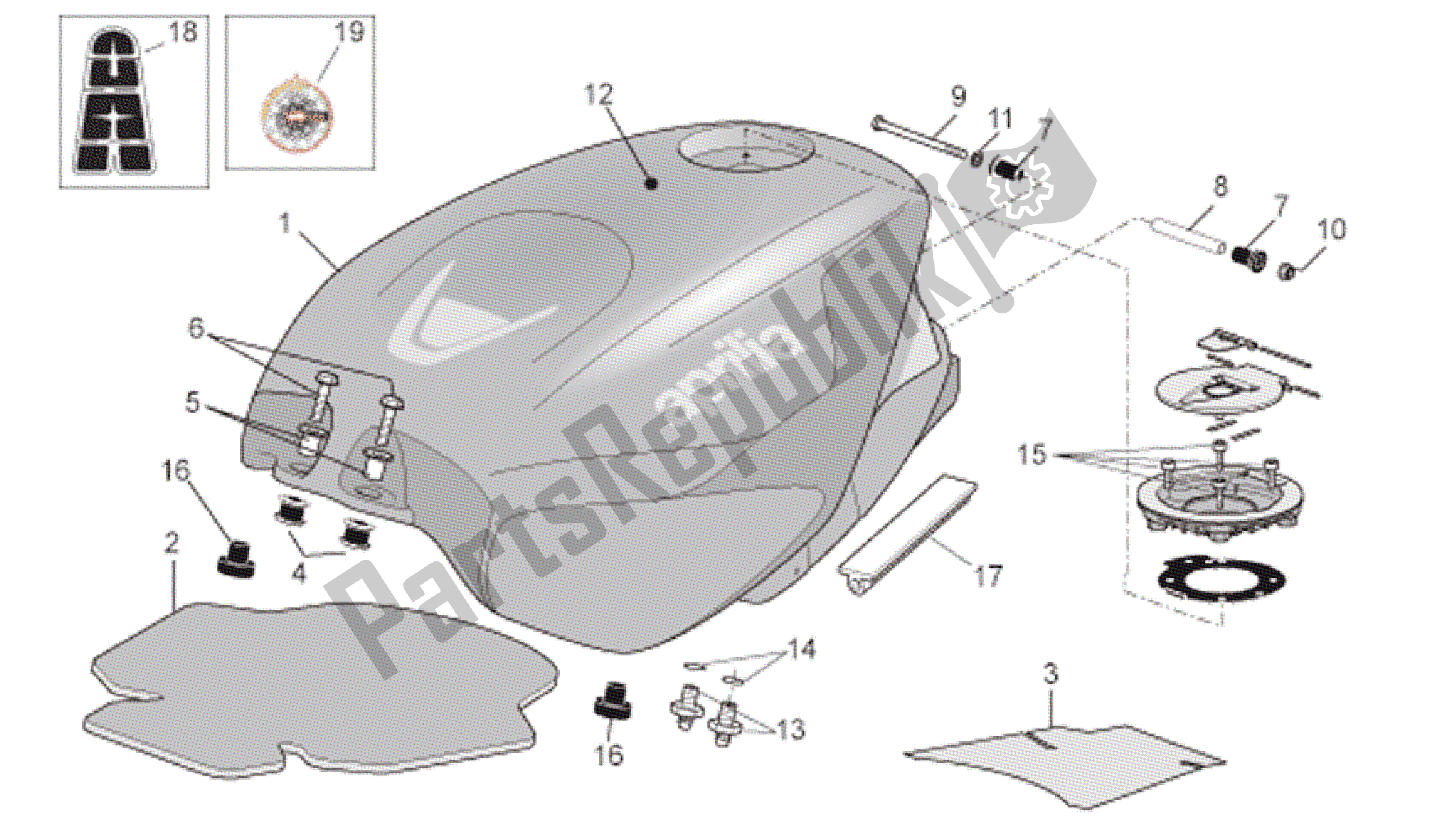 Alle onderdelen voor de Benzinetank van de Aprilia RSV Tuono R 3985 1000 2006 - 2009