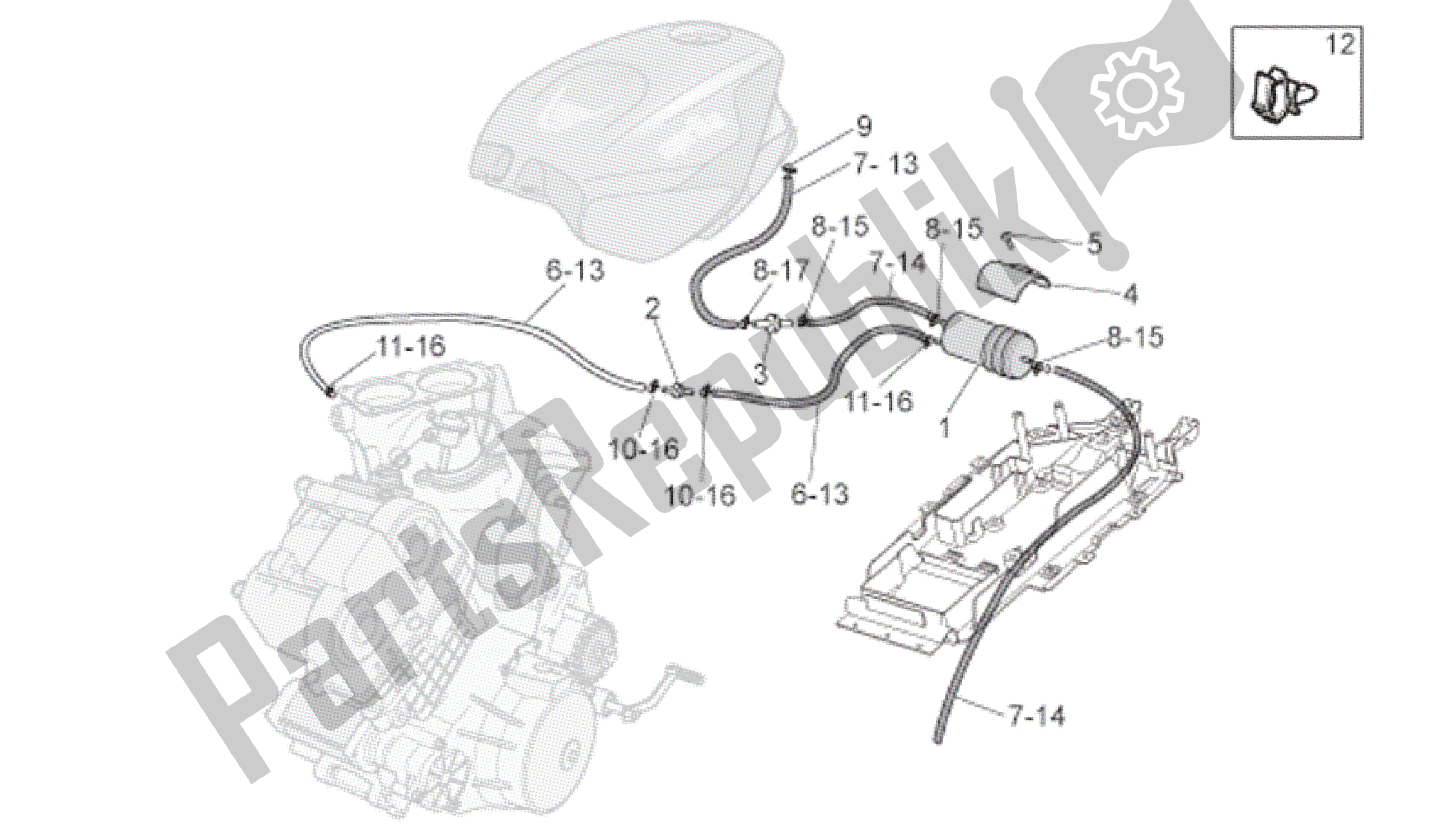 Alle onderdelen voor de Brandstofdampterugwinningssysteem van de Aprilia RSV Tuono R 3985 1000 2006 - 2009