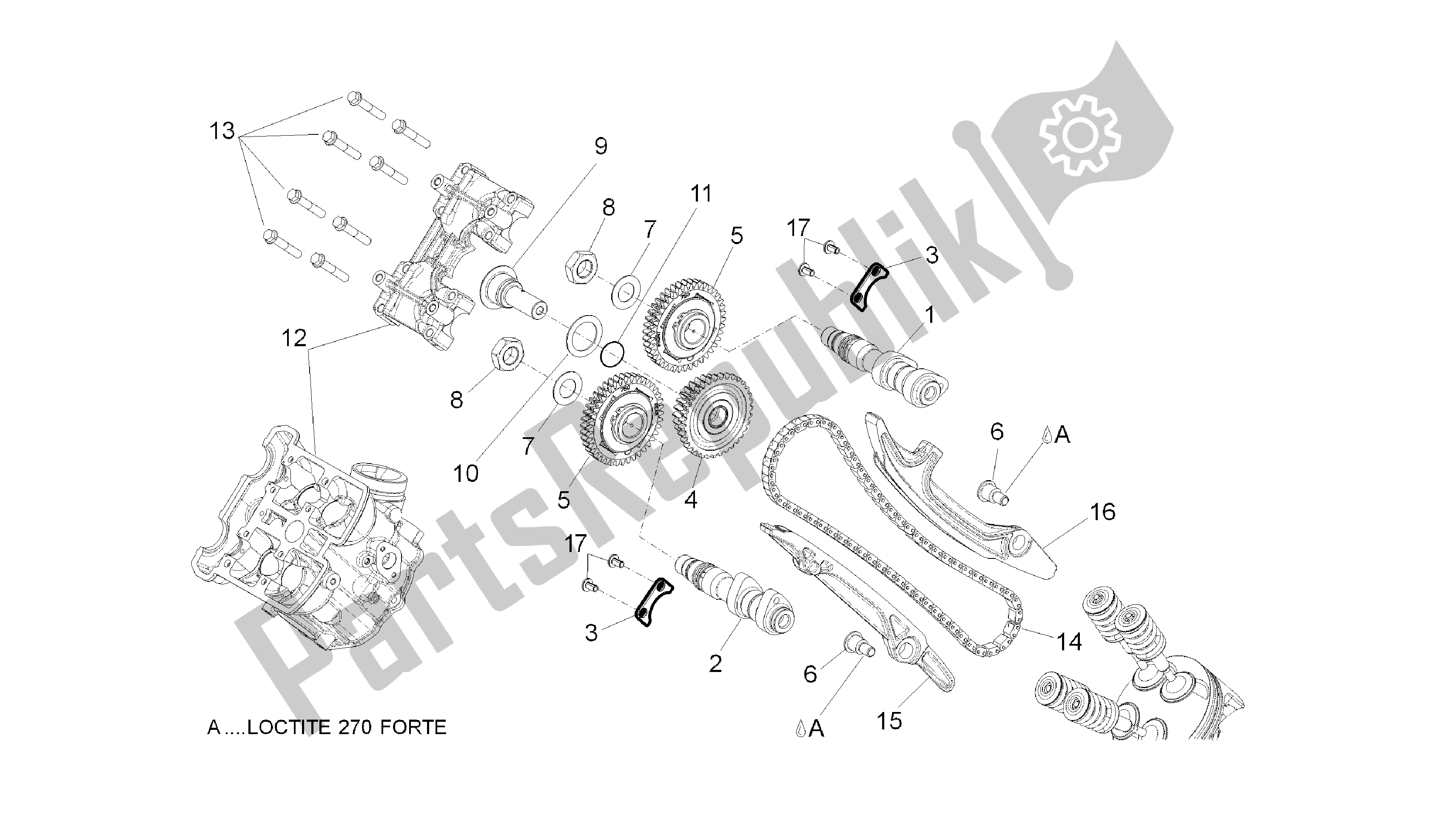 Alle onderdelen voor de Voorste Cilinder Timing Systeem van de Aprilia Shiver 750 2007 - 2009