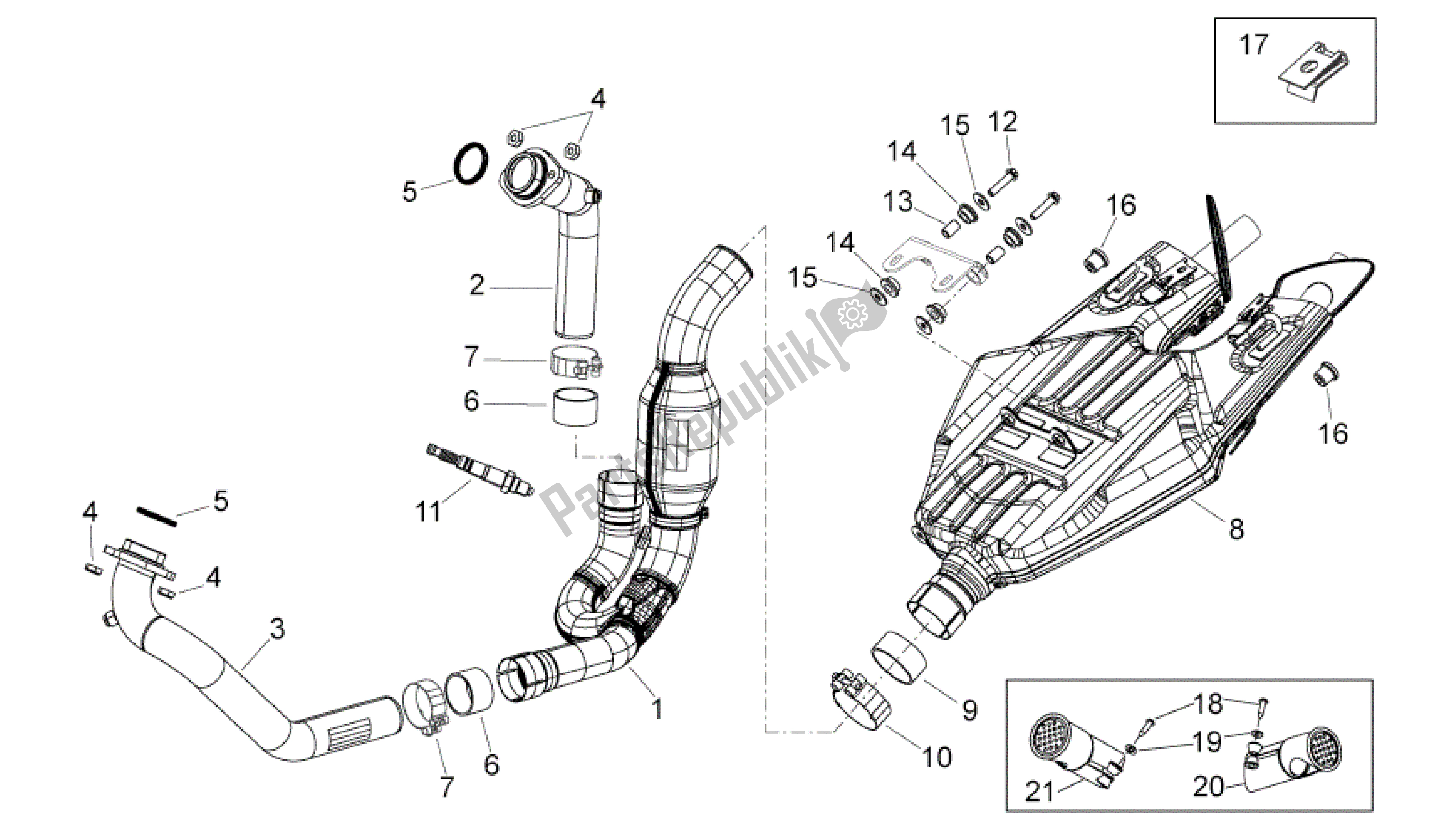 Alle onderdelen voor de Uitlaateenheid van de Aprilia Shiver 750 2007 - 2009