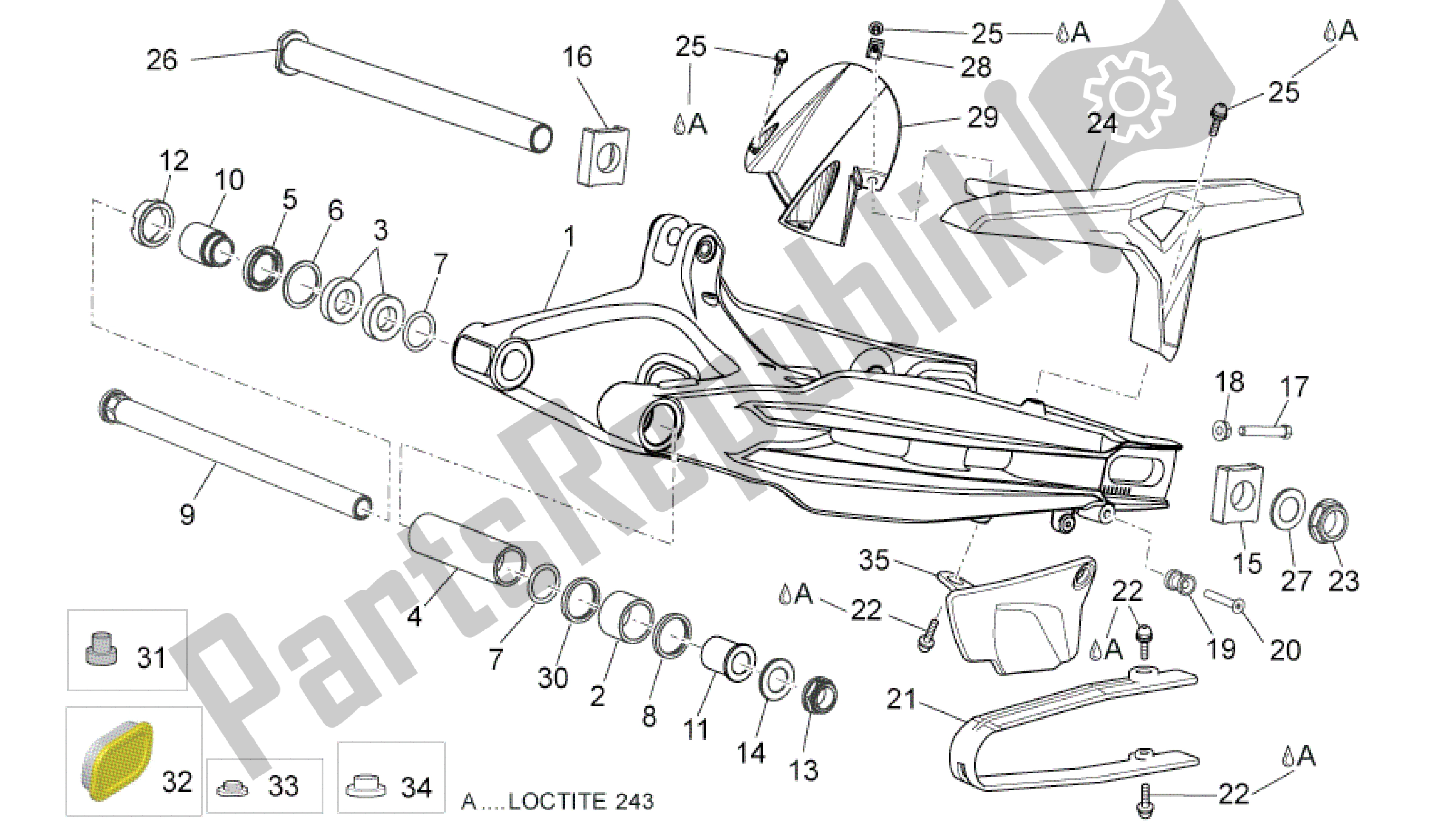 All parts for the Swing Arm of the Aprilia Dorsoduro 750 2008 - 2011