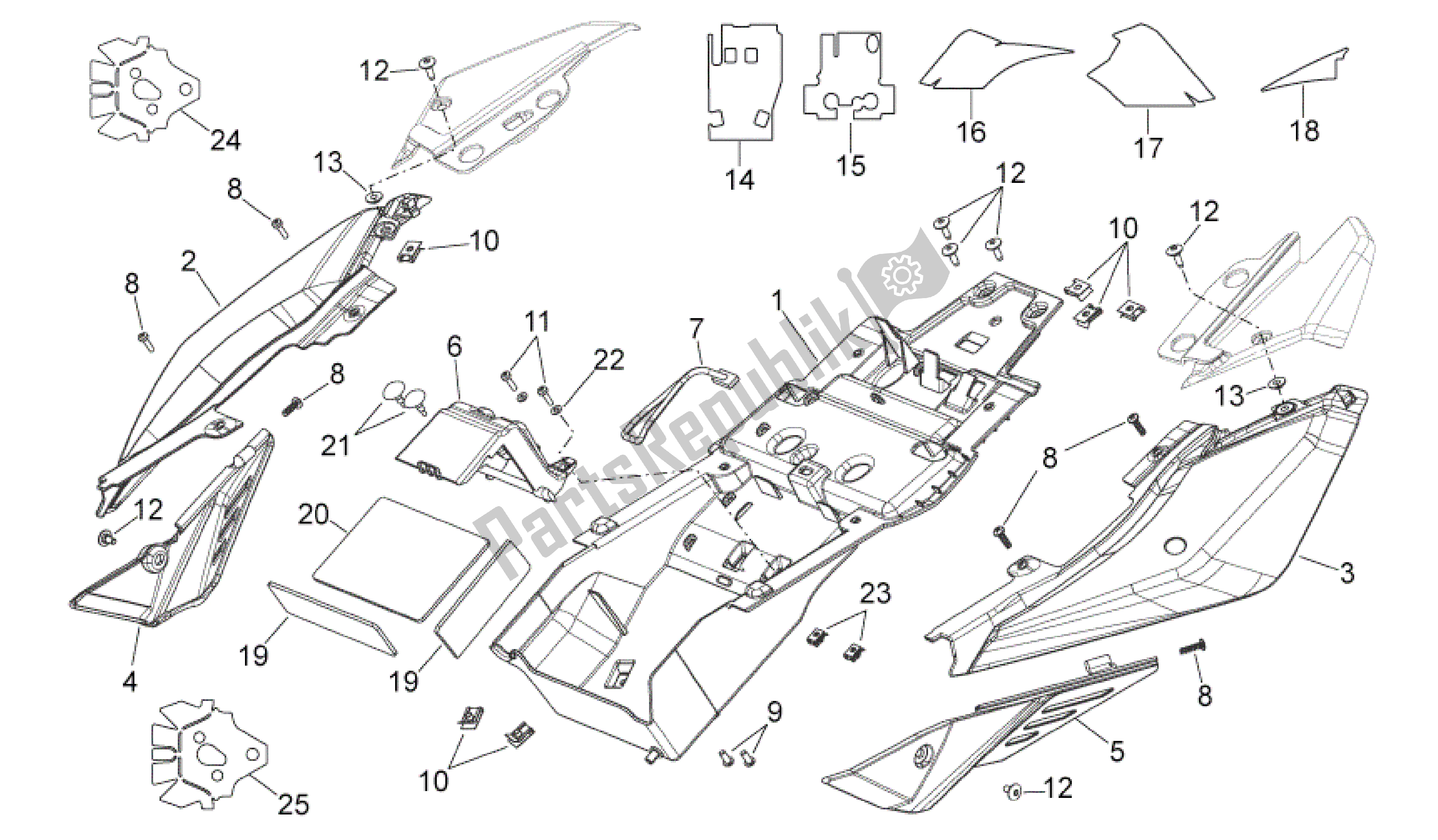 All parts for the Rear Body I of the Aprilia Shiver 750 2009