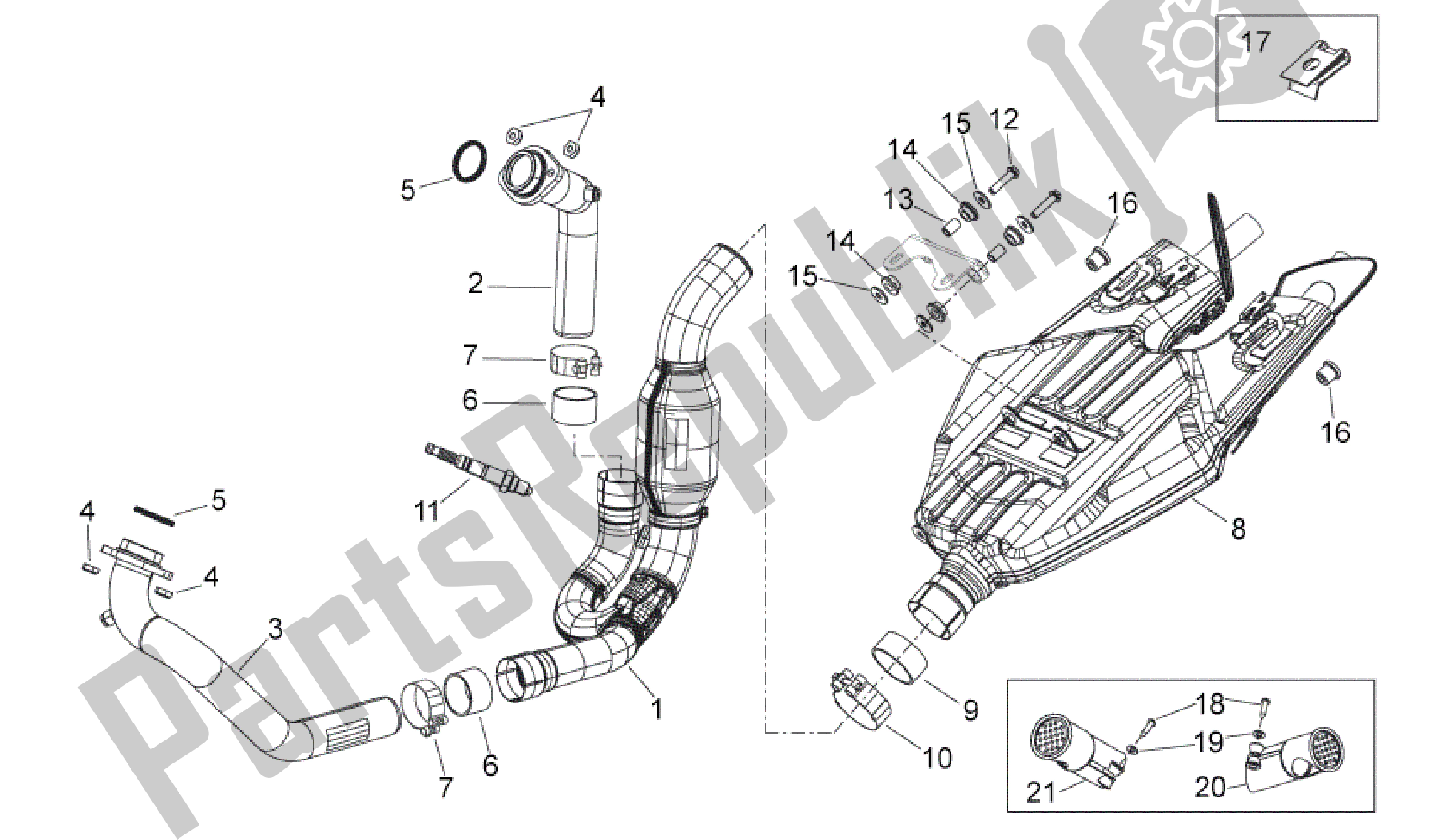 All parts for the Exhaust Unit of the Aprilia Shiver 750 2009