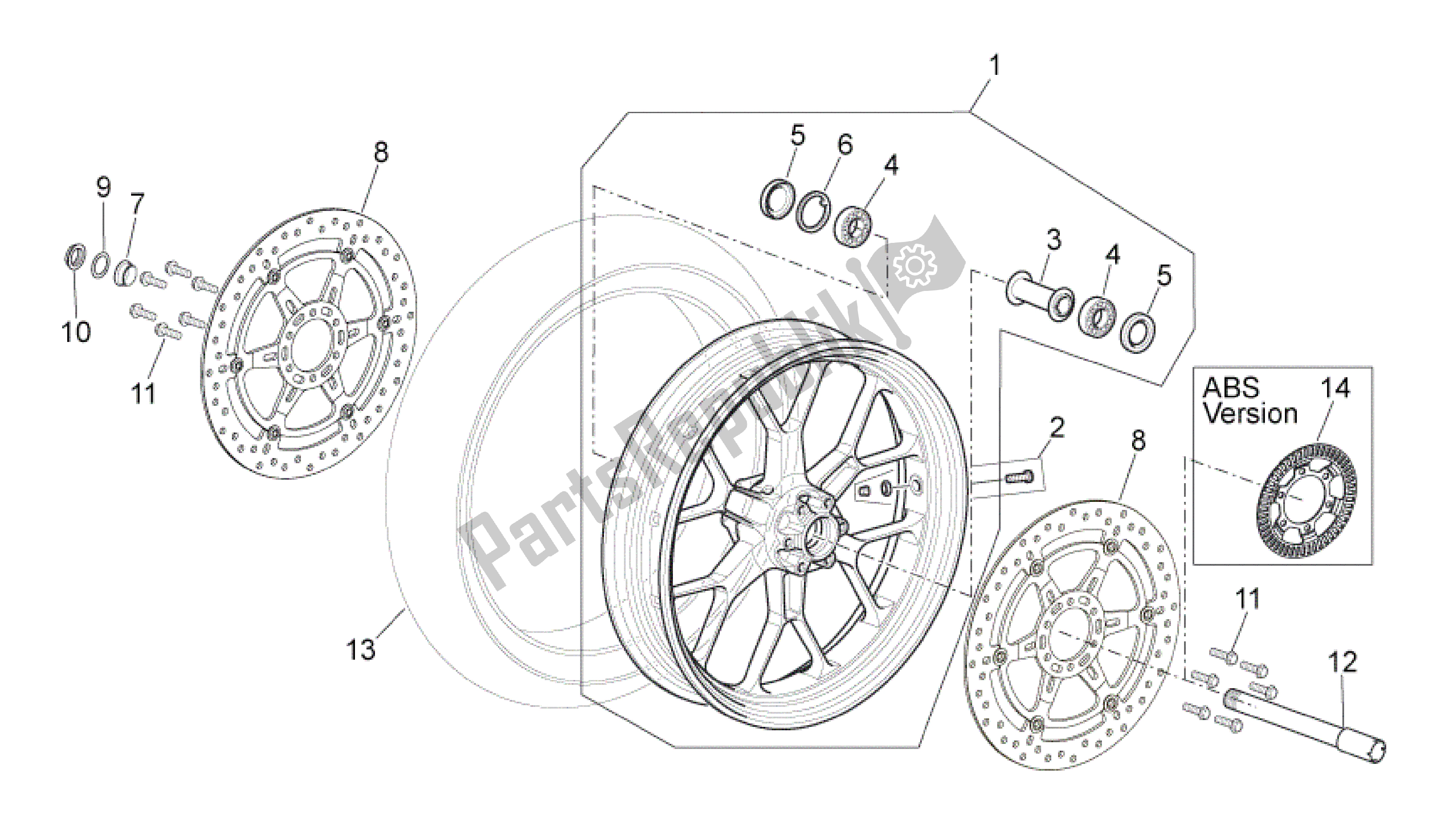 All parts for the Front Wheel of the Aprilia Shiver 750 2009