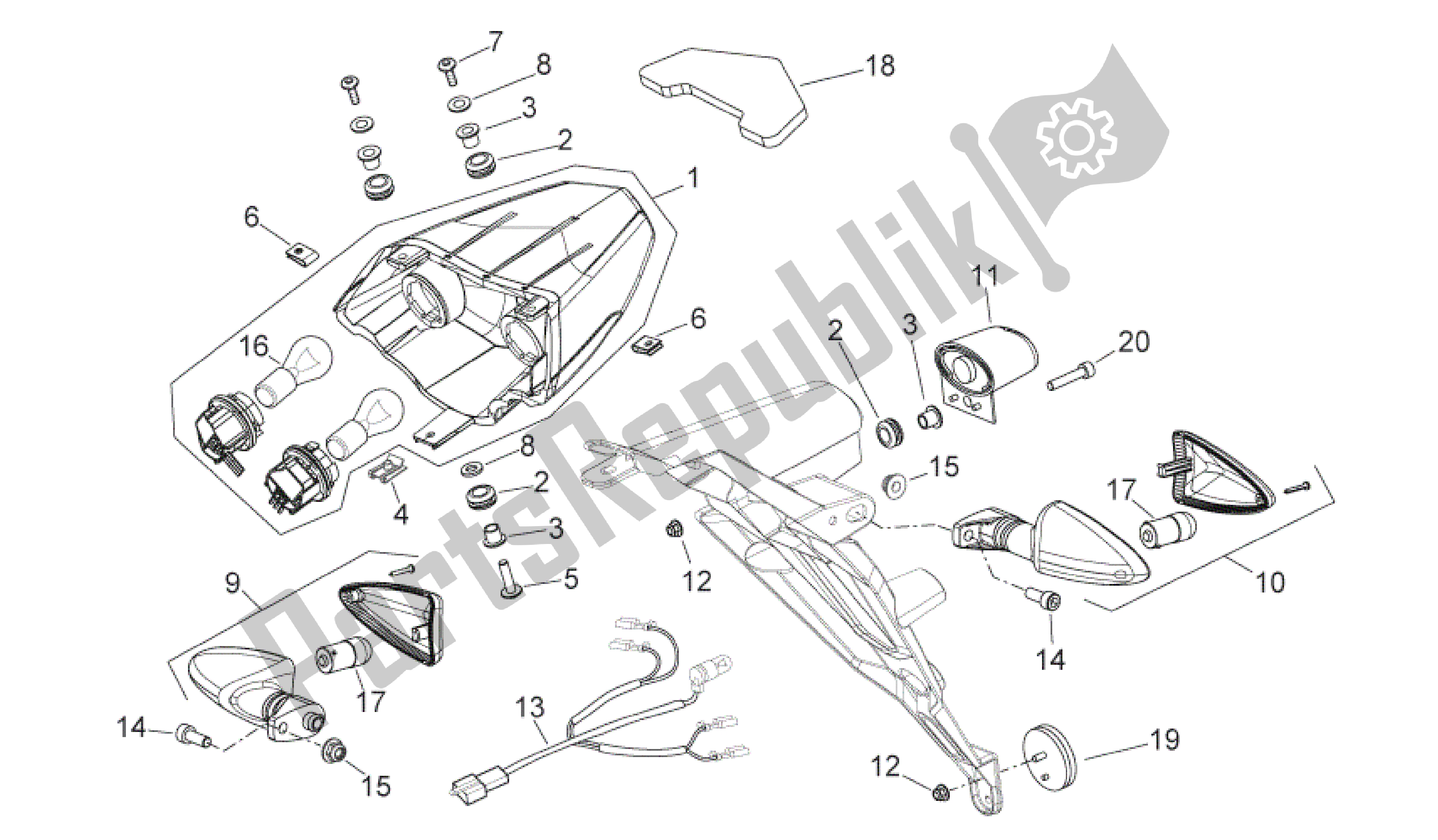 All parts for the Rear Lights of the Aprilia Shiver 750 2009