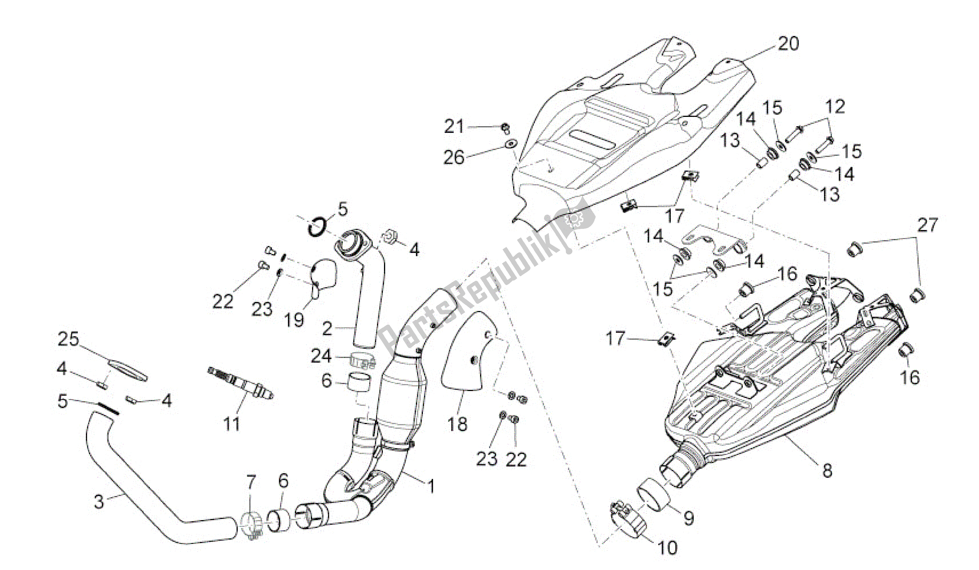 All parts for the Exhaust Unit of the Aprilia Dorsoduro 750 2010