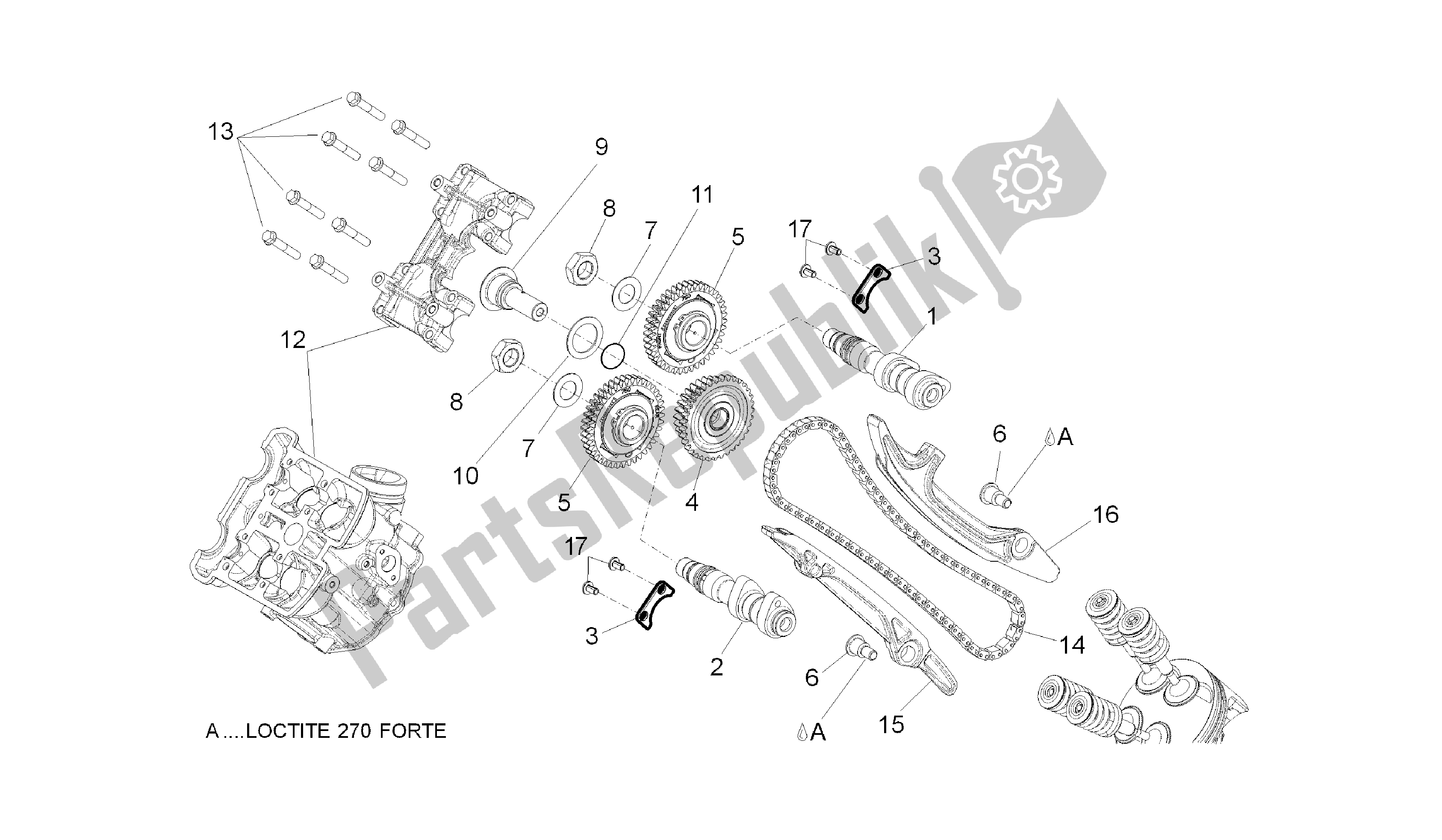 Alle onderdelen voor de Voorste Cilinder Timing Systeem van de Aprilia Dorsoduro 750 2010
