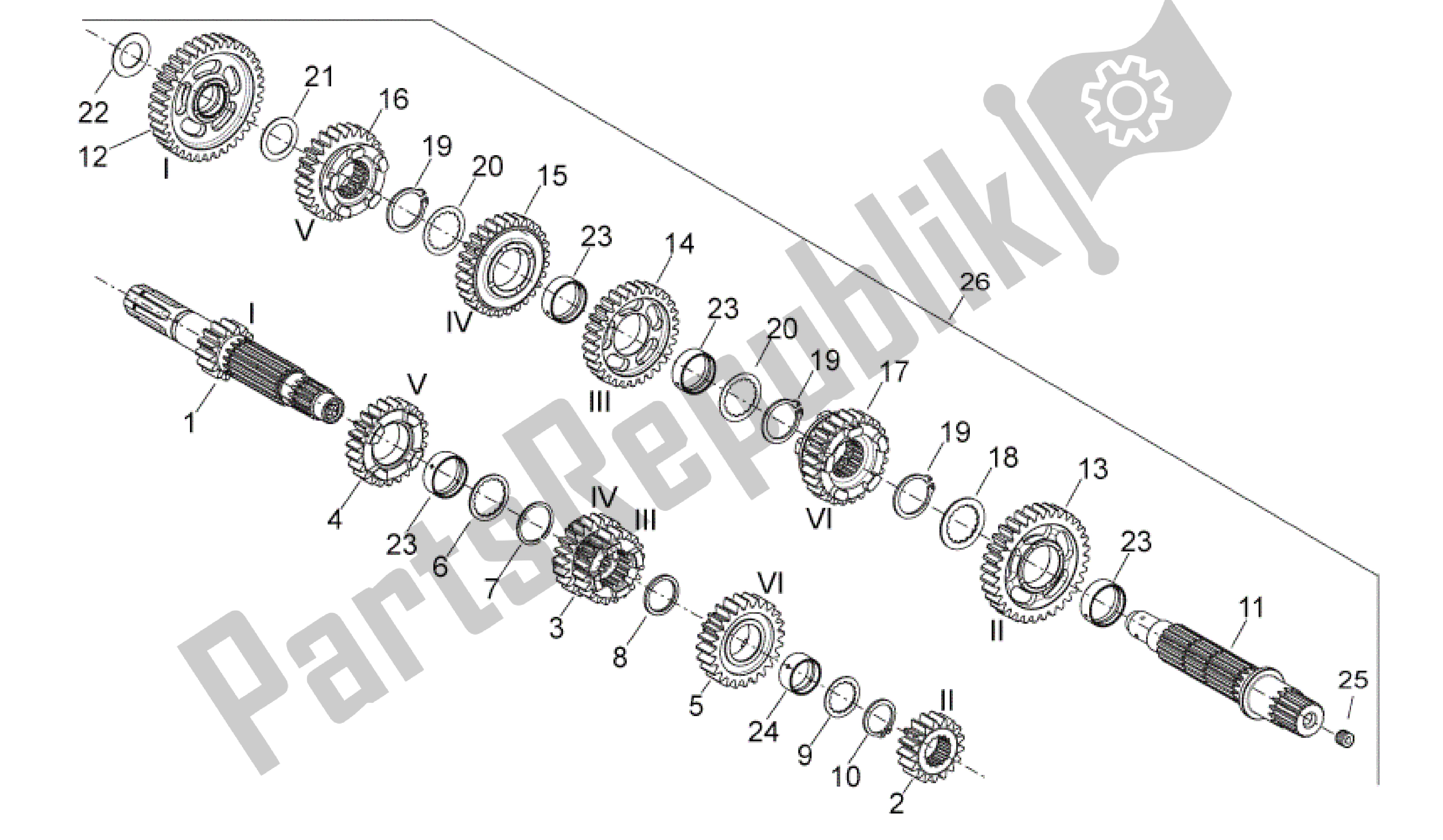 All parts for the Gear Box of the Aprilia Dorsoduro 750 2010