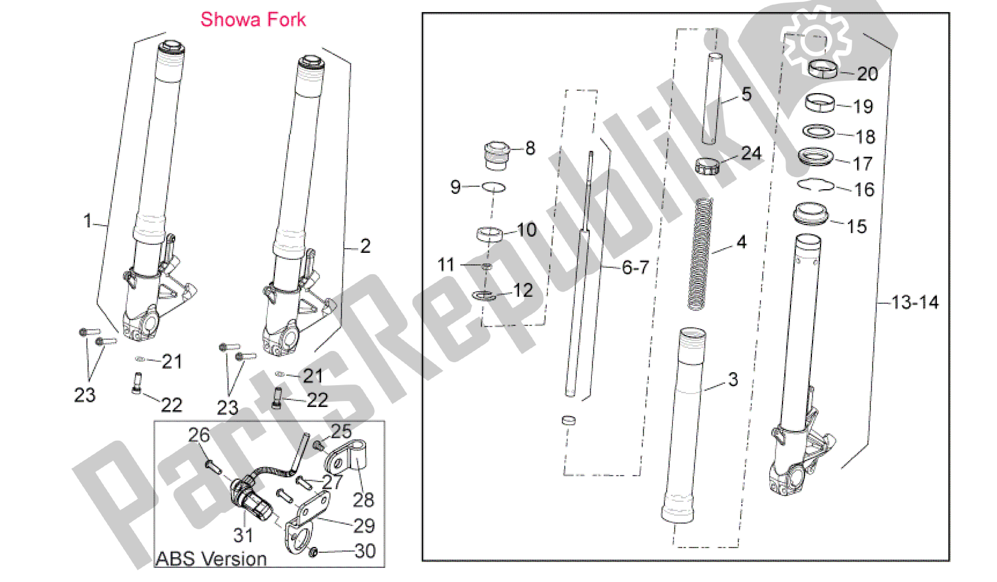 Alle onderdelen voor de Voorvork van de Aprilia Shiver 750 2010 - 2013