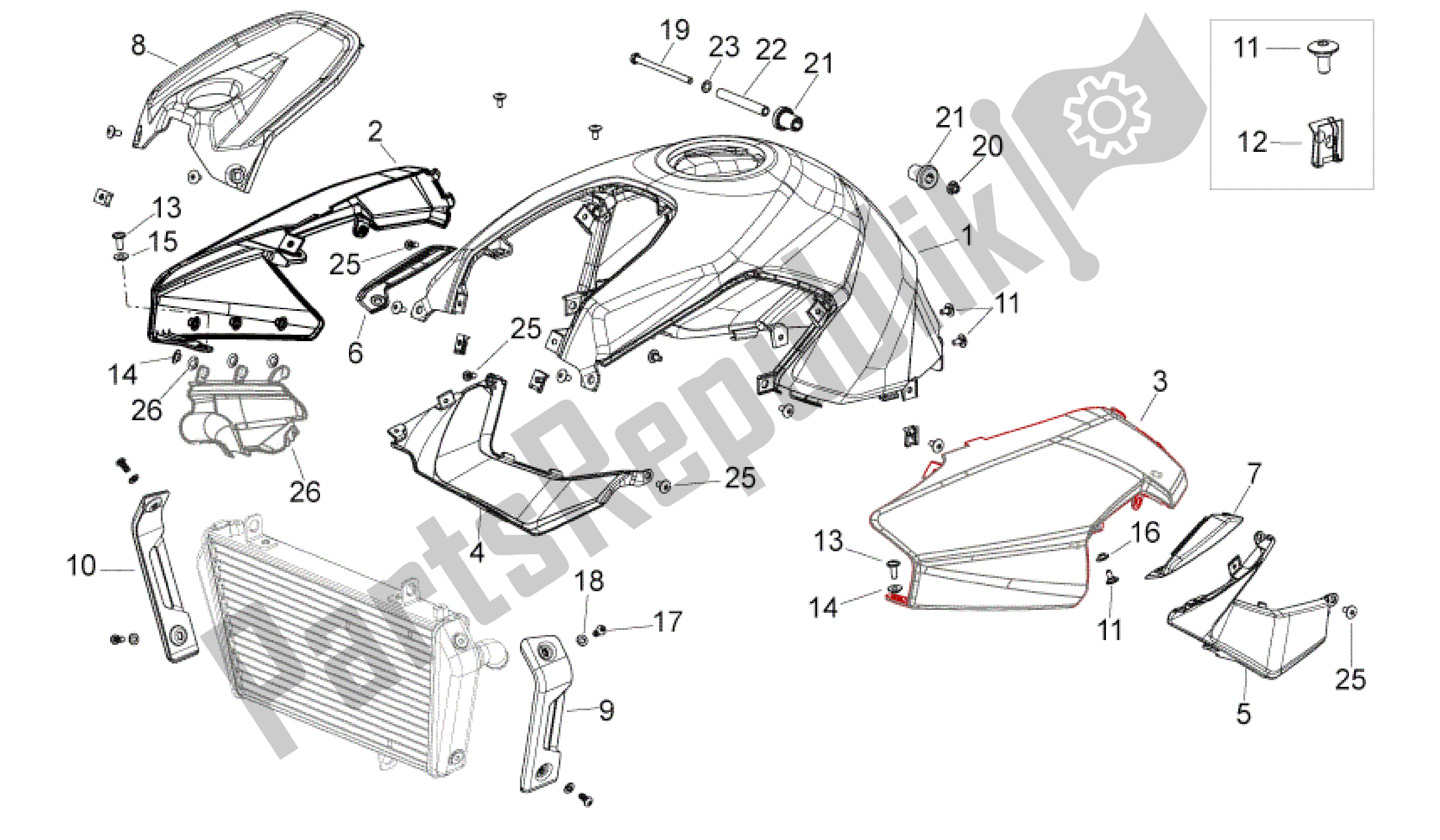 All parts for the Central Body of the Aprilia Shiver 750 2010 - 2013
