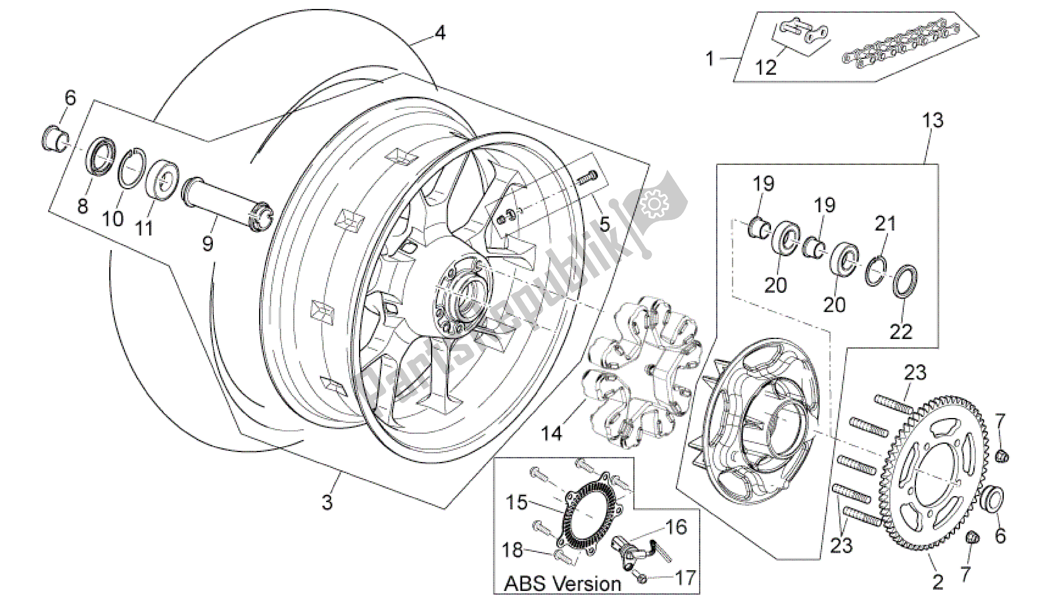 All parts for the Rear Wheel of the Aprilia Shiver 750 2010 - 2013