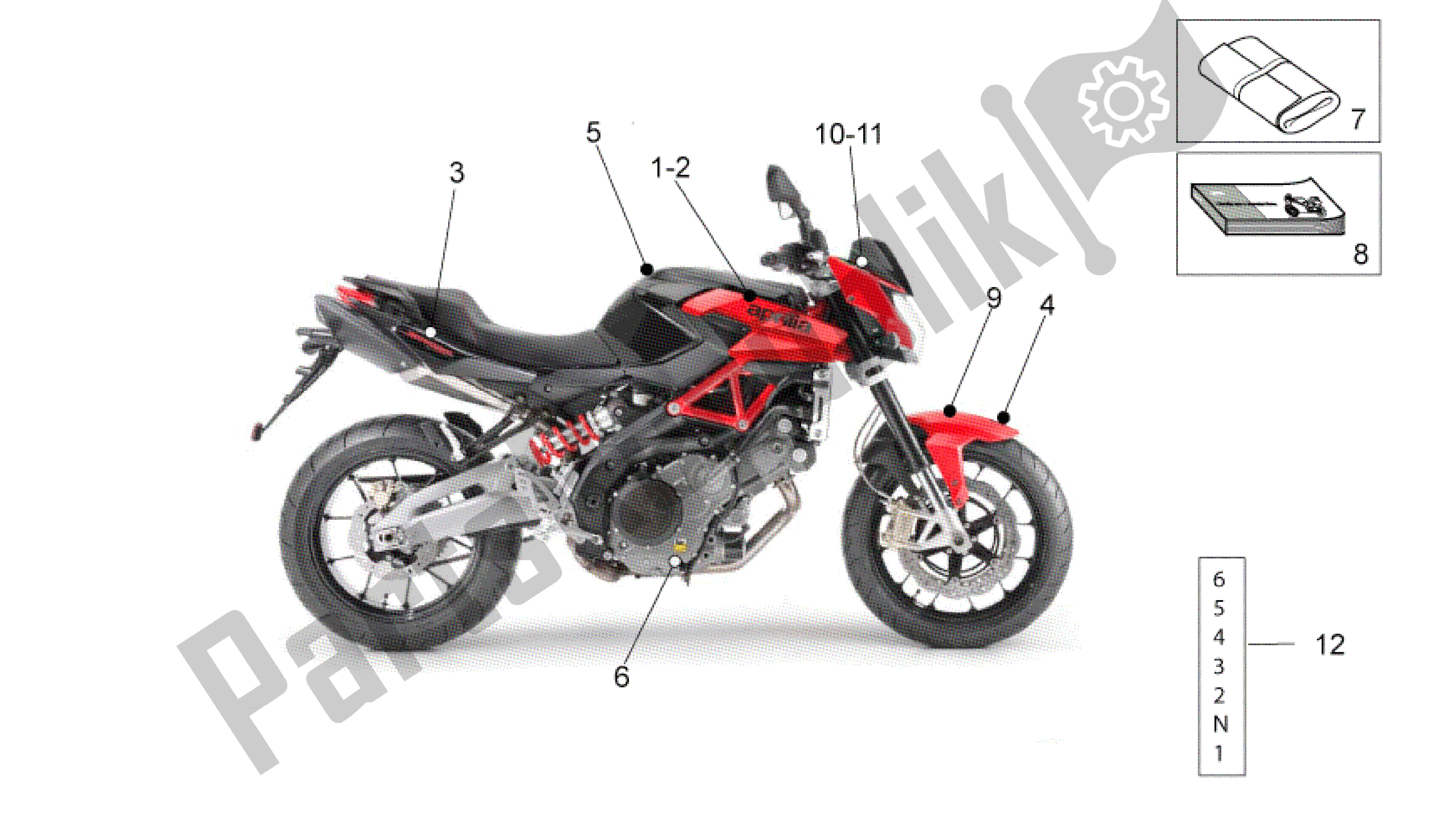 Alle onderdelen voor de Plaat Set-decal-op. Handboeken van de Aprilia Shiver 750 2010 - 2013