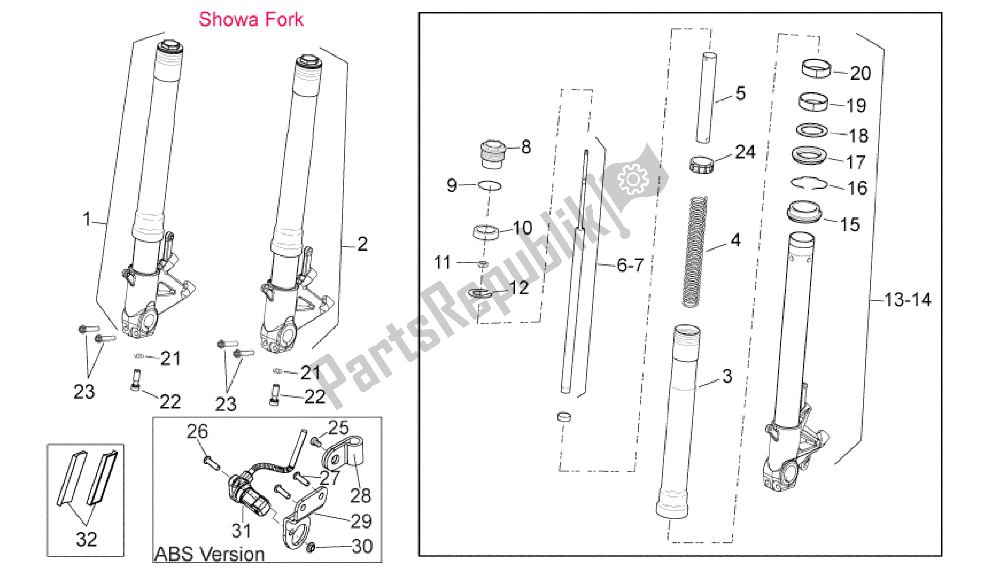 Alle onderdelen voor de Voorvork van de Aprilia Shiver 750 2011 - 2013