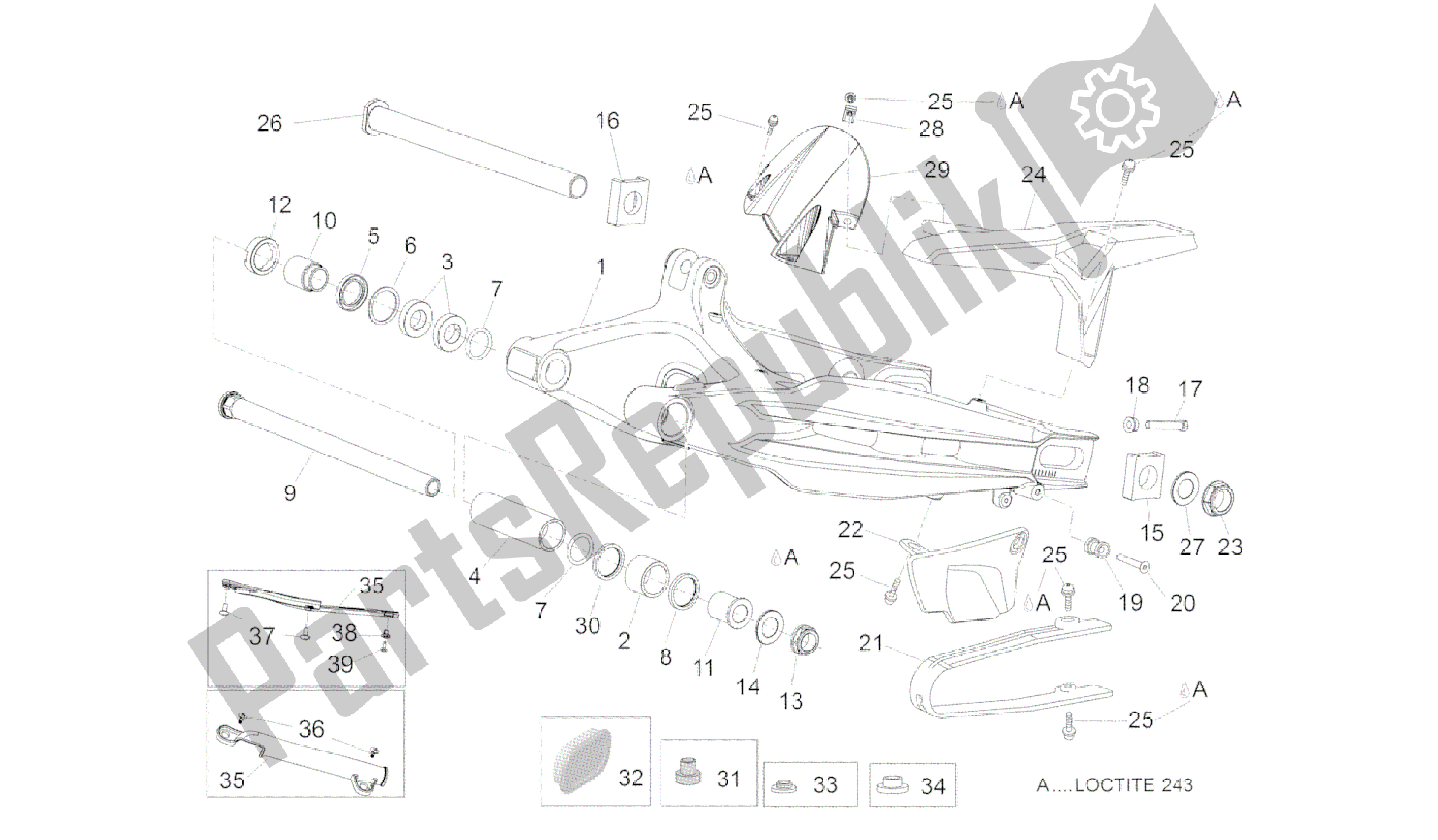 All parts for the Swing Arm of the Aprilia Dorsoduro 1200 2010 - 2013