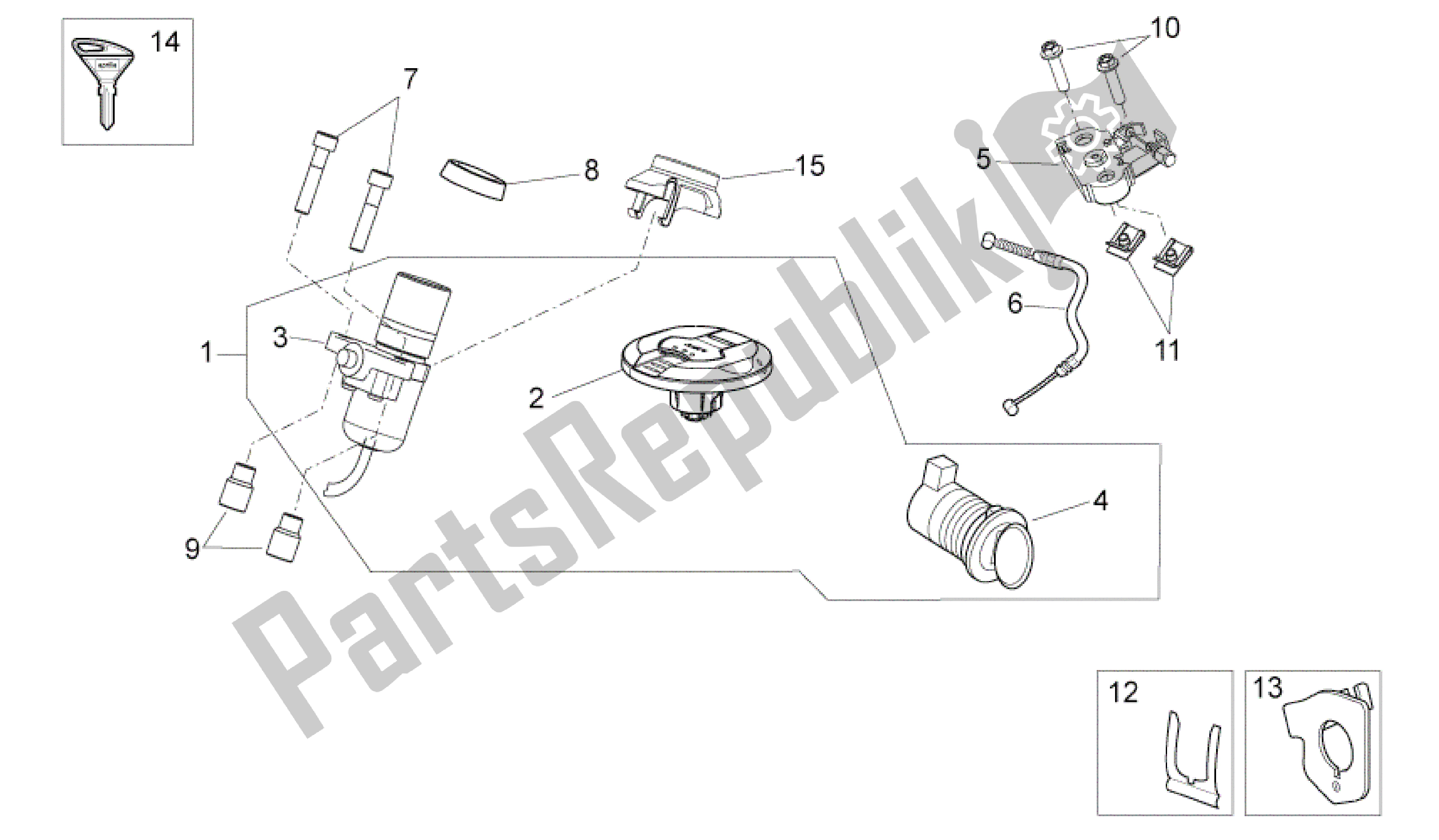 All parts for the Lock Hardware Kit of the Aprilia Dorsoduro 1200 2010 - 2013