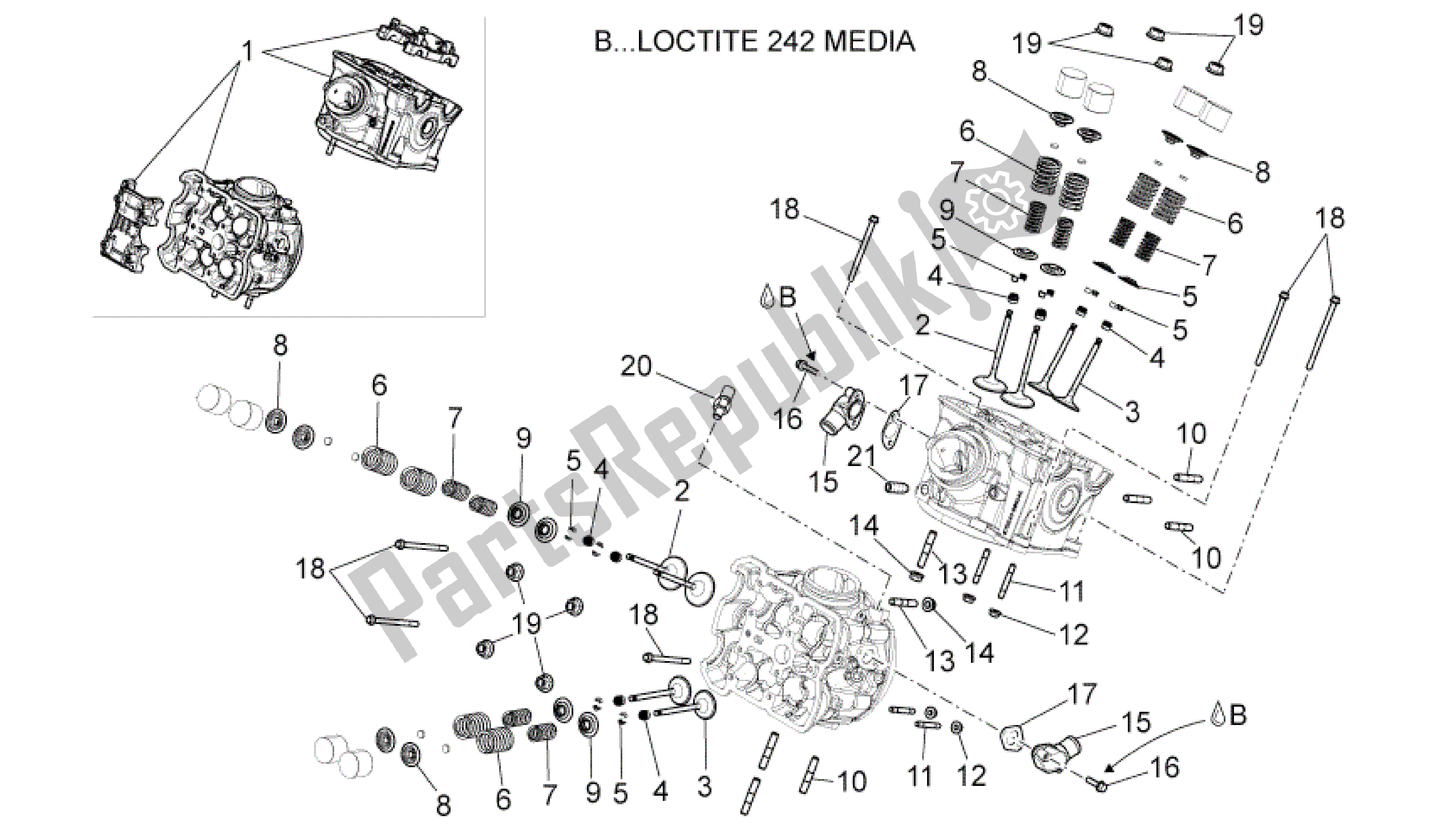 Alle onderdelen voor de Cilinderkop - Kleppen van de Aprilia Dorsoduro 1200 2010 - 2013