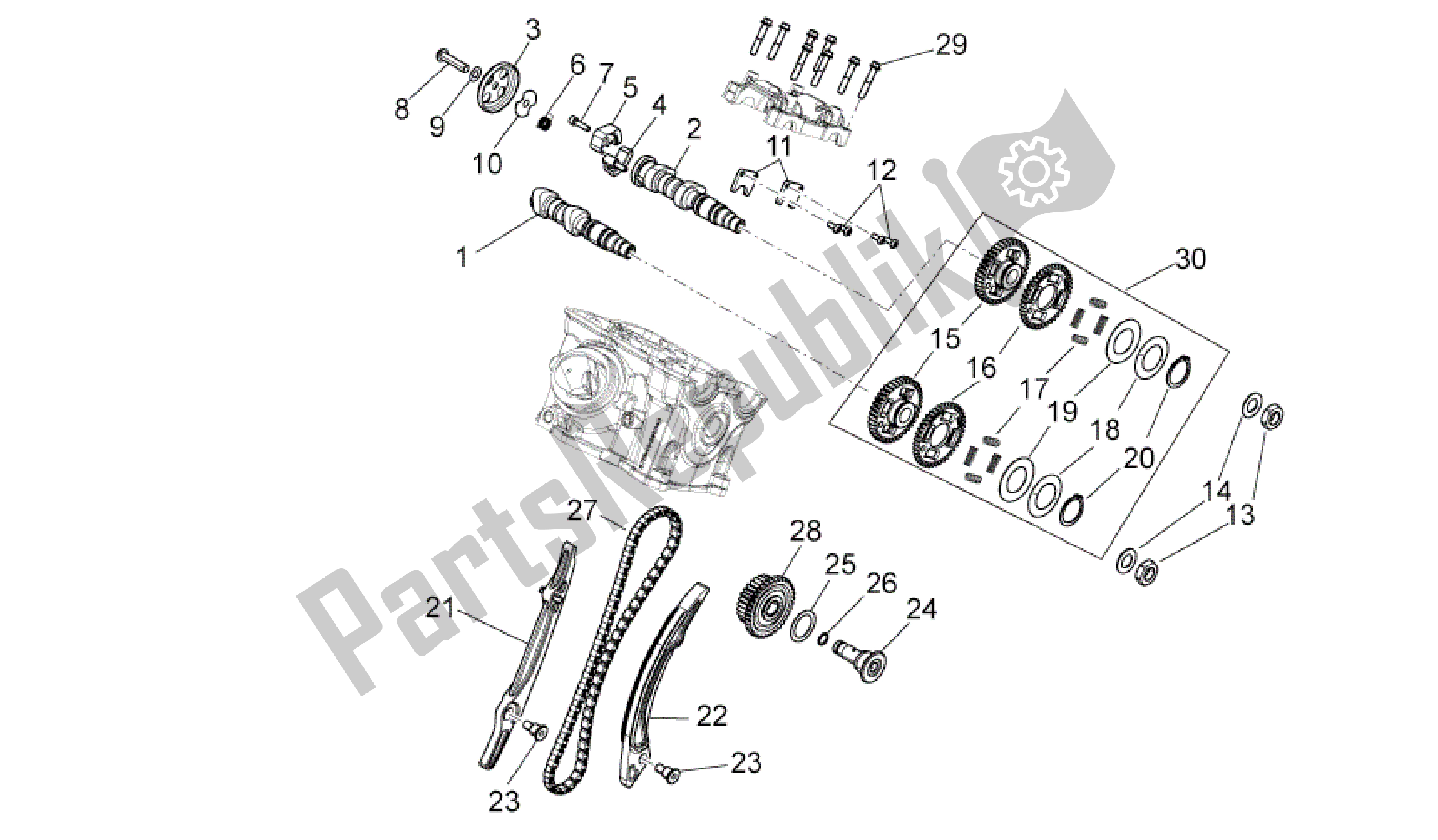 Alle onderdelen voor de Achterste Cilinder Timing Systeem van de Aprilia Dorsoduro 1200 2010 - 2013