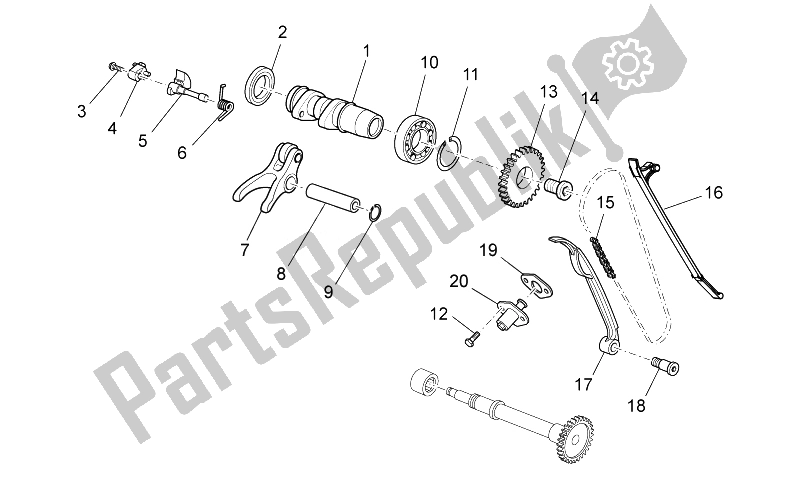 Alle onderdelen voor de Voorste Cilinder Timing Systeem van de Aprilia MXV 450 Cross 2008