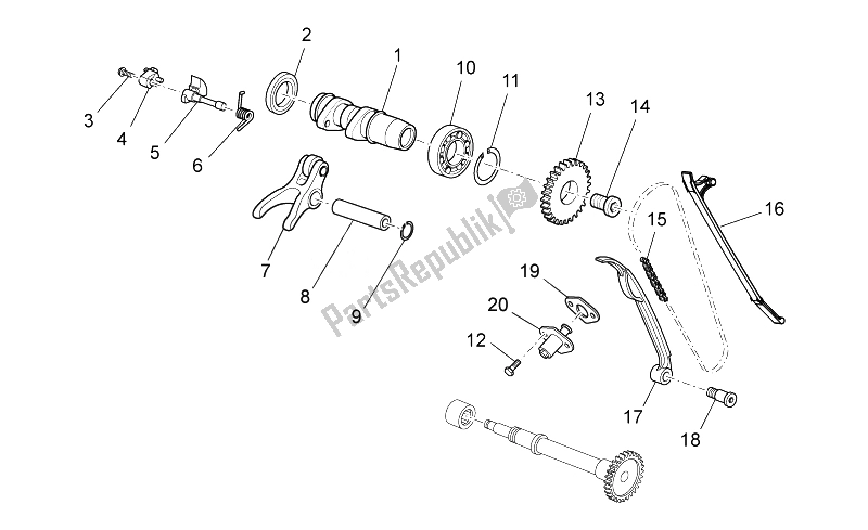 Alle onderdelen voor de Voorste Cilinder Timing Systeem van de Aprilia MXV 450 Cross 2008