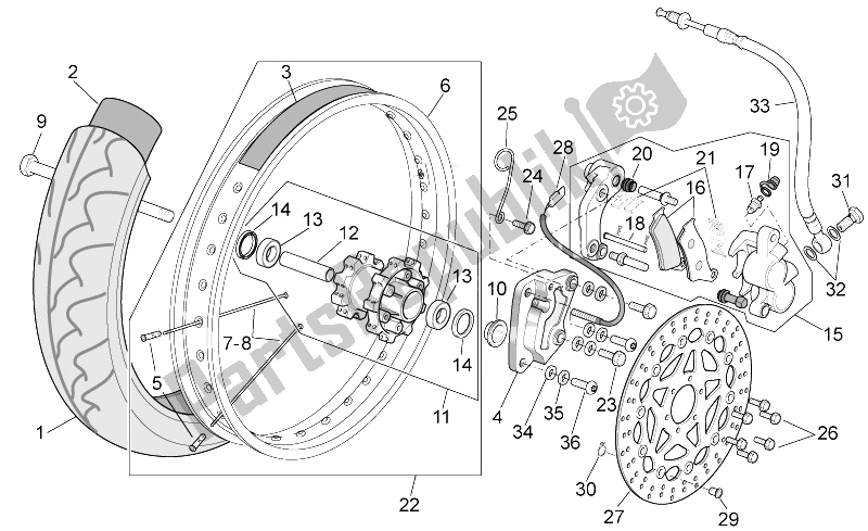 All parts for the Front Wheel of the Aprilia MX 125 Supermotard 2004