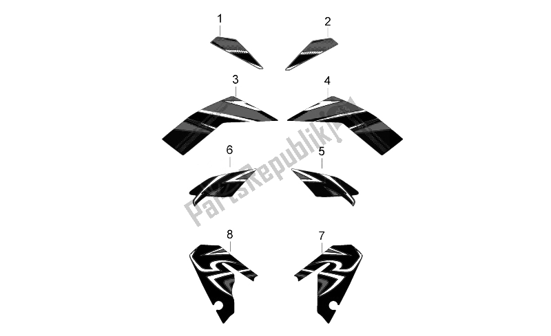 Alle onderdelen voor de Centrale Lichaamsstickers van de Aprilia RXV SXV 450 550 VDB Merriman 2008