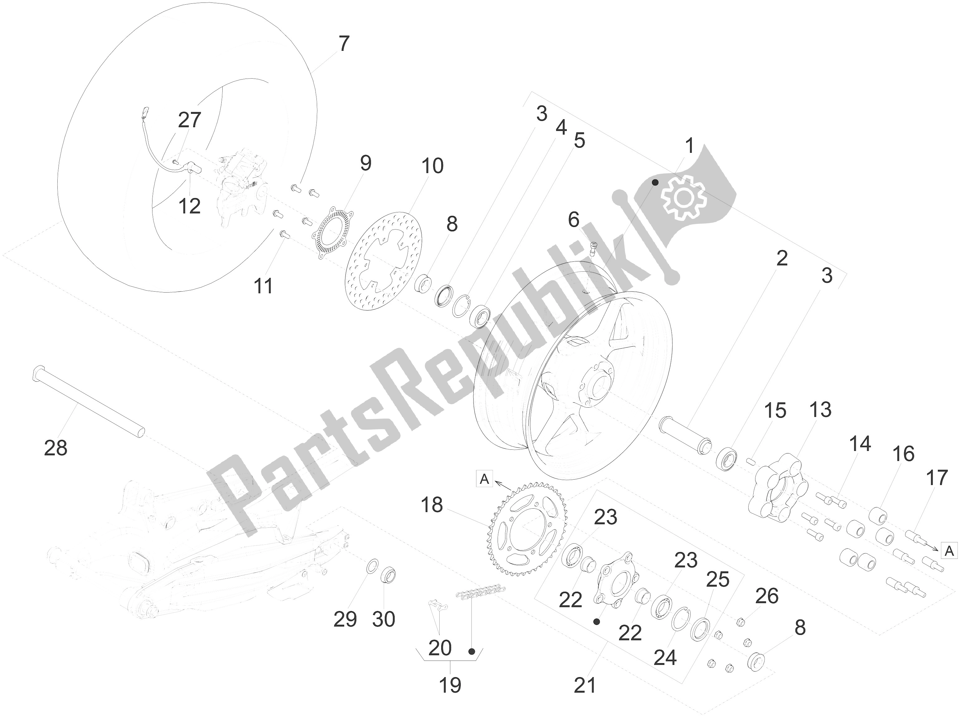 Alle onderdelen voor de Achterwiel van de Aprilia Caponord 1200 EU 2013