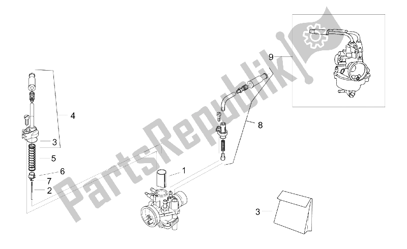 Toutes les pièces pour le Carburateur I du Aprilia Scarabeo 50 2T ENG Minarelli 1999