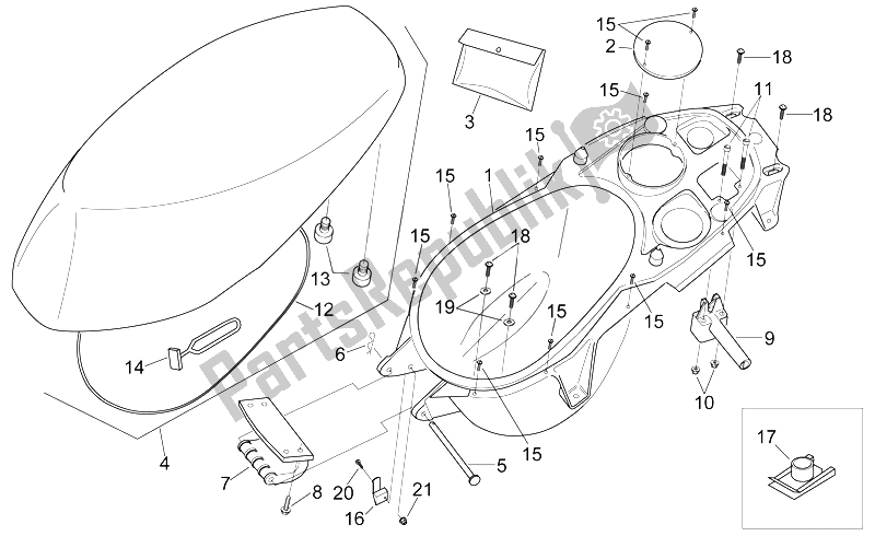 All parts for the Saddle - Helmet Compartment of the Aprilia Sonic 50 AIR 1998