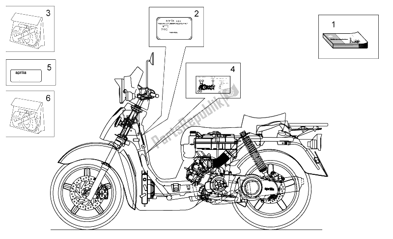 Todas las partes para Juego De Placas Y Manuales de Aprilia Scarabeo 125 250 E2 ENG Piaggio 2004