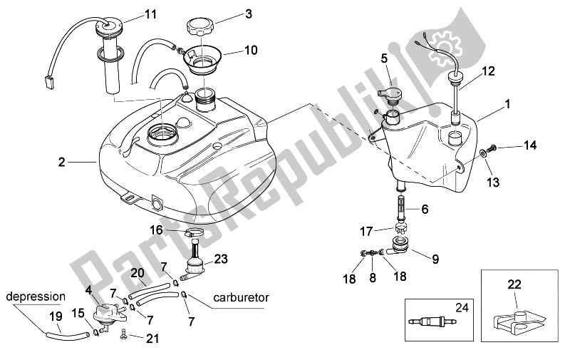 Alle onderdelen voor de Olie- En Brandstoftank van de Aprilia Scarabeo 50 2T 2014