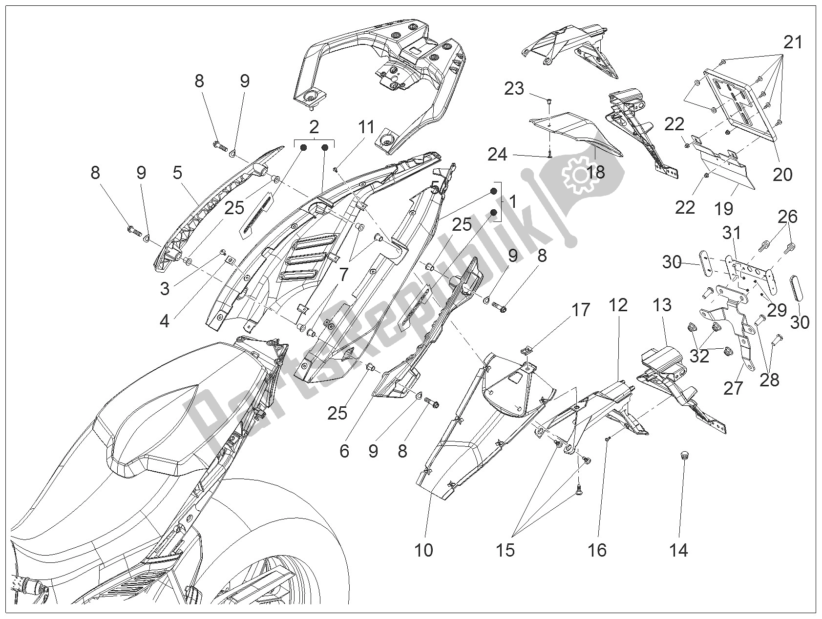 Alle onderdelen voor de Achterlichaam van de Aprilia Caponord 1200 USA 2015